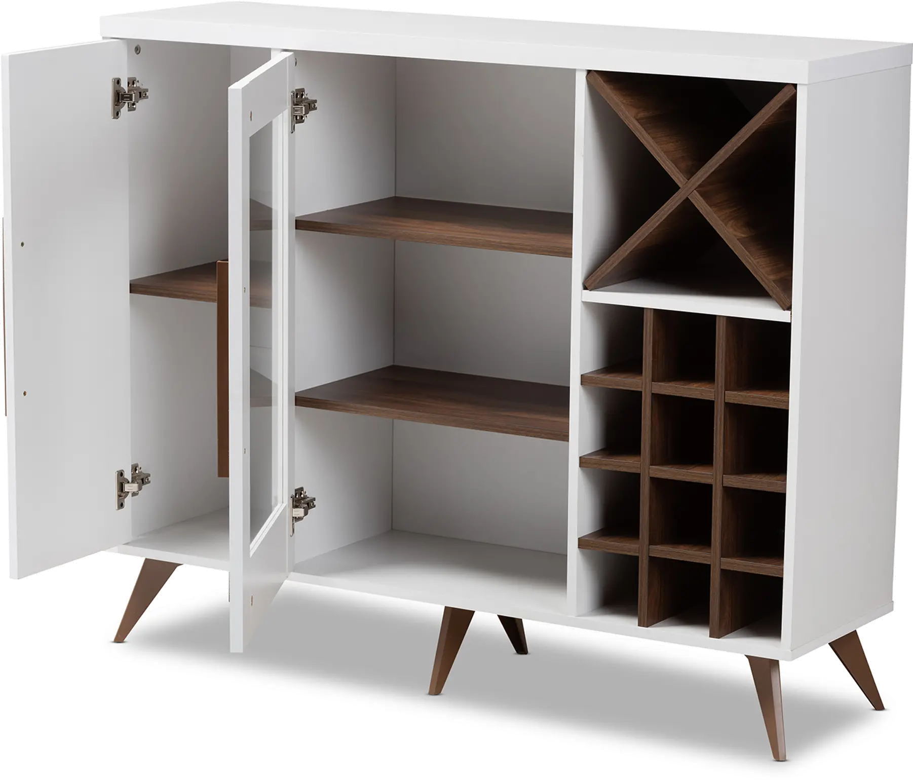 150-9003-RCW Laurie Mid Century White and Walnut Wine Cabinet-1