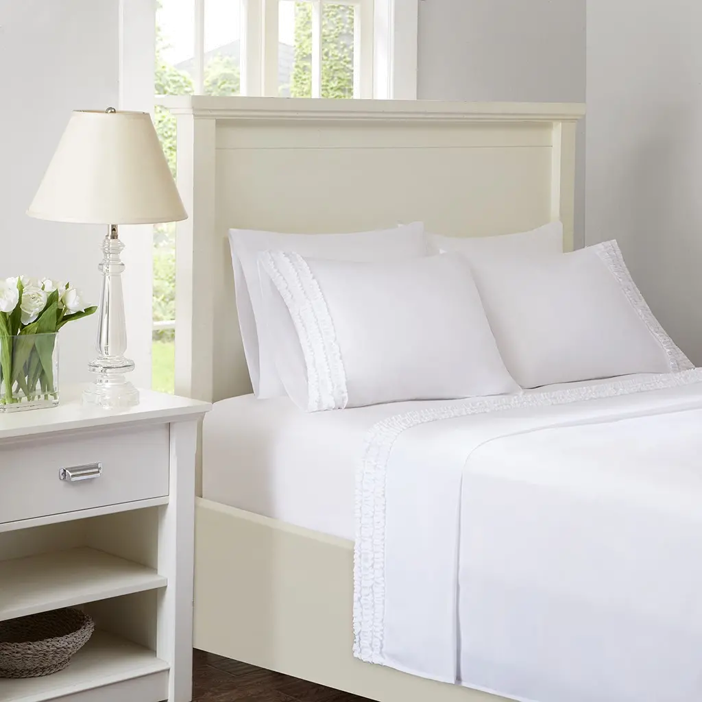 White Twin Flirty Ruffle 4 Piece Sheet Set-2
