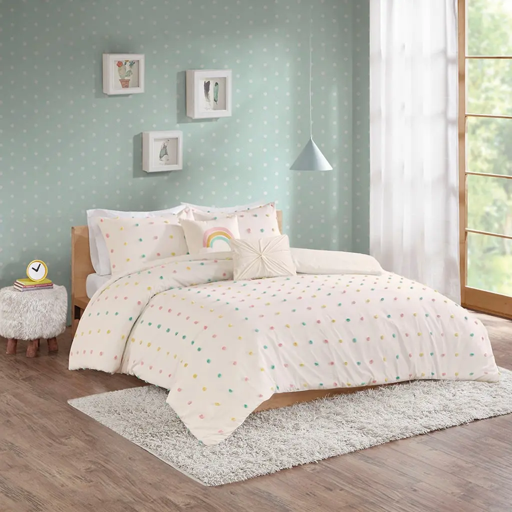 White and Multi Color Pom-Pom Full Callie 5 Piece Bedding Collection-1