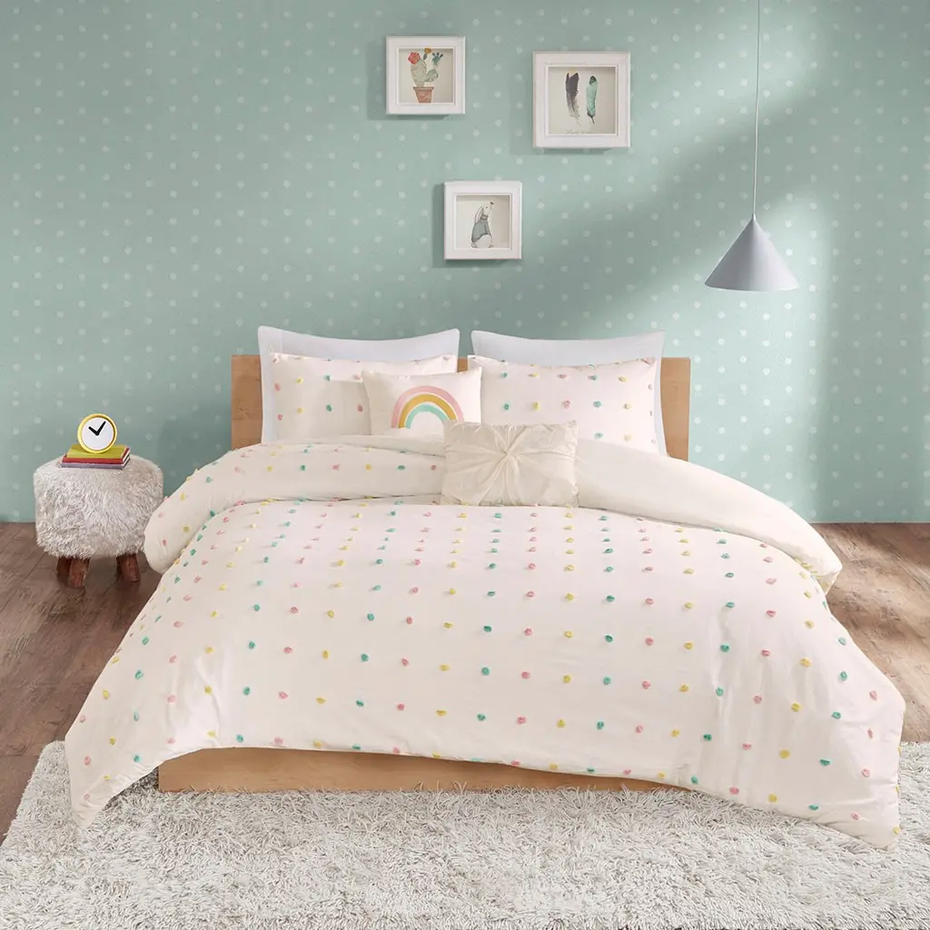 White and Multi Color Pom-Pom Full Callie 5 Piece Bedding Collection-2