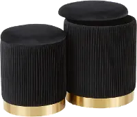OT-MARLA PLT VBK Contemporary Black Velvet and Gold Metal Ottomans (Set of 2) - Marla