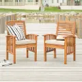 OWC2BR Acacia Wood Outdoor Patio Chairs with Cushions, Set of 2