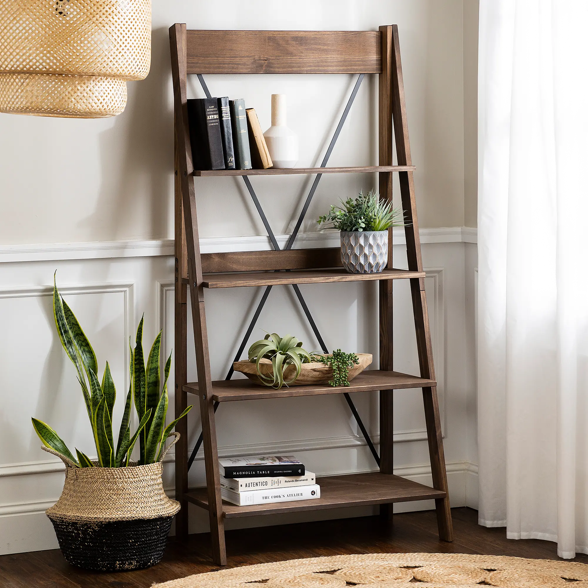 BS68FRSWBR 68  Solid Wood Ladder Bookshelf - Walker Edison-2