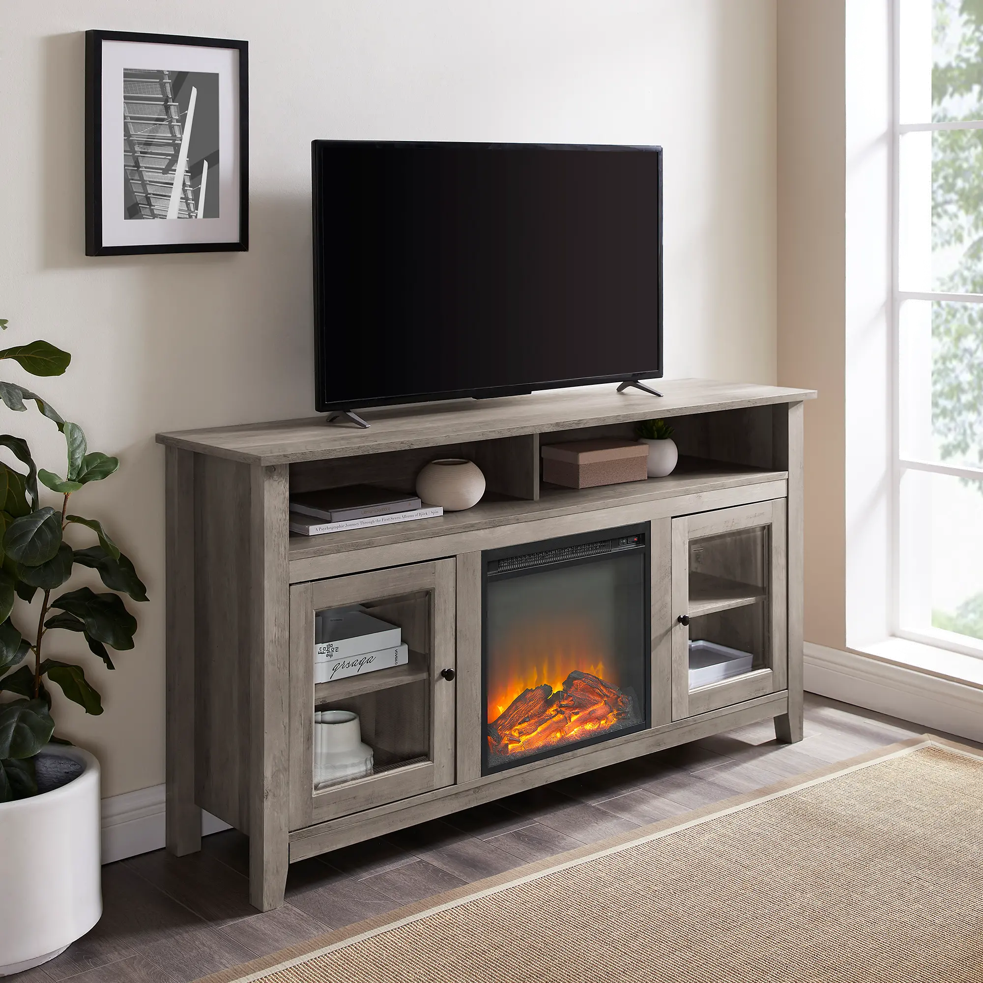 W58FP18HBGW Transitional Fireplace Glass Wood 58 Inch TV Stand - Walker Edison-2