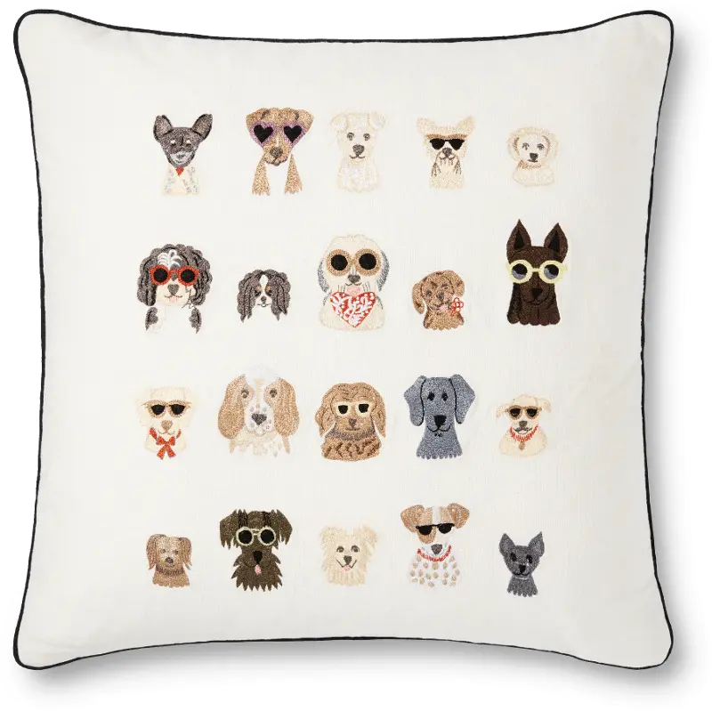 Rifle Paper Co. 22 Inch Cream Throw Pillow with Multi-Colored Dogs