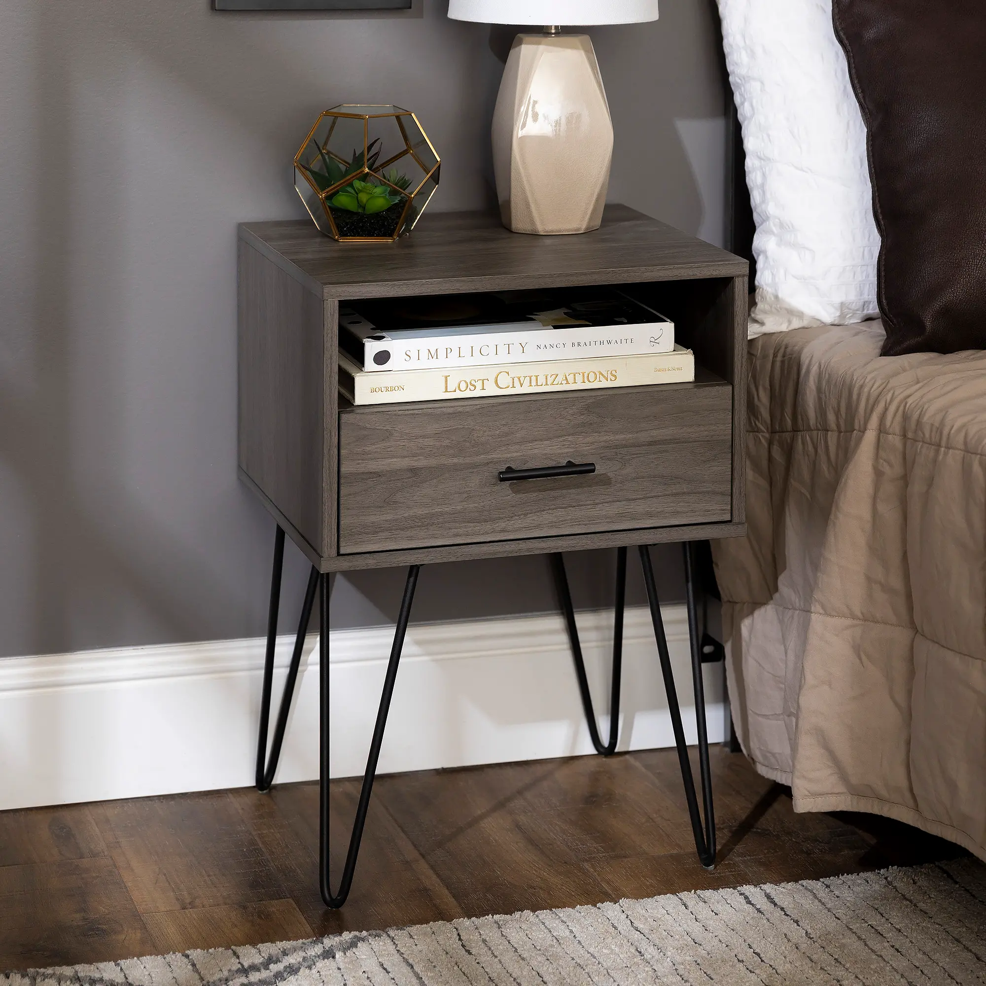 AF18CRFSTSG Gray Hairpin Leg Nightstand - Walker Edison-2