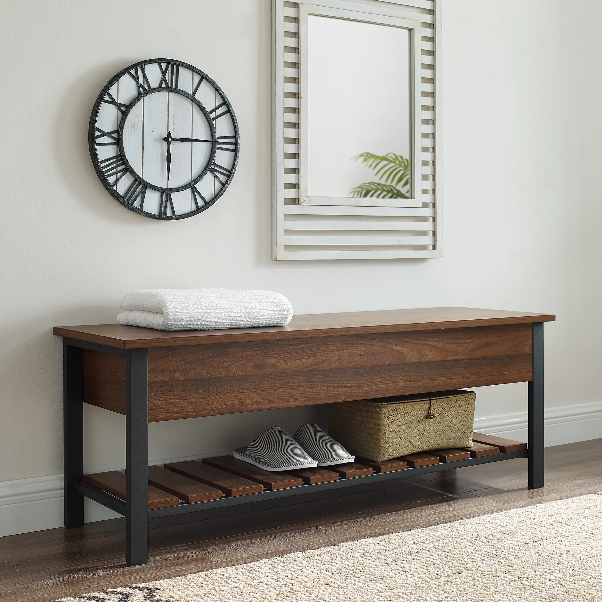 B48PCSBDW Open-Top Walnut Storage Bench with Shoe Shelf - Walker Edison-2