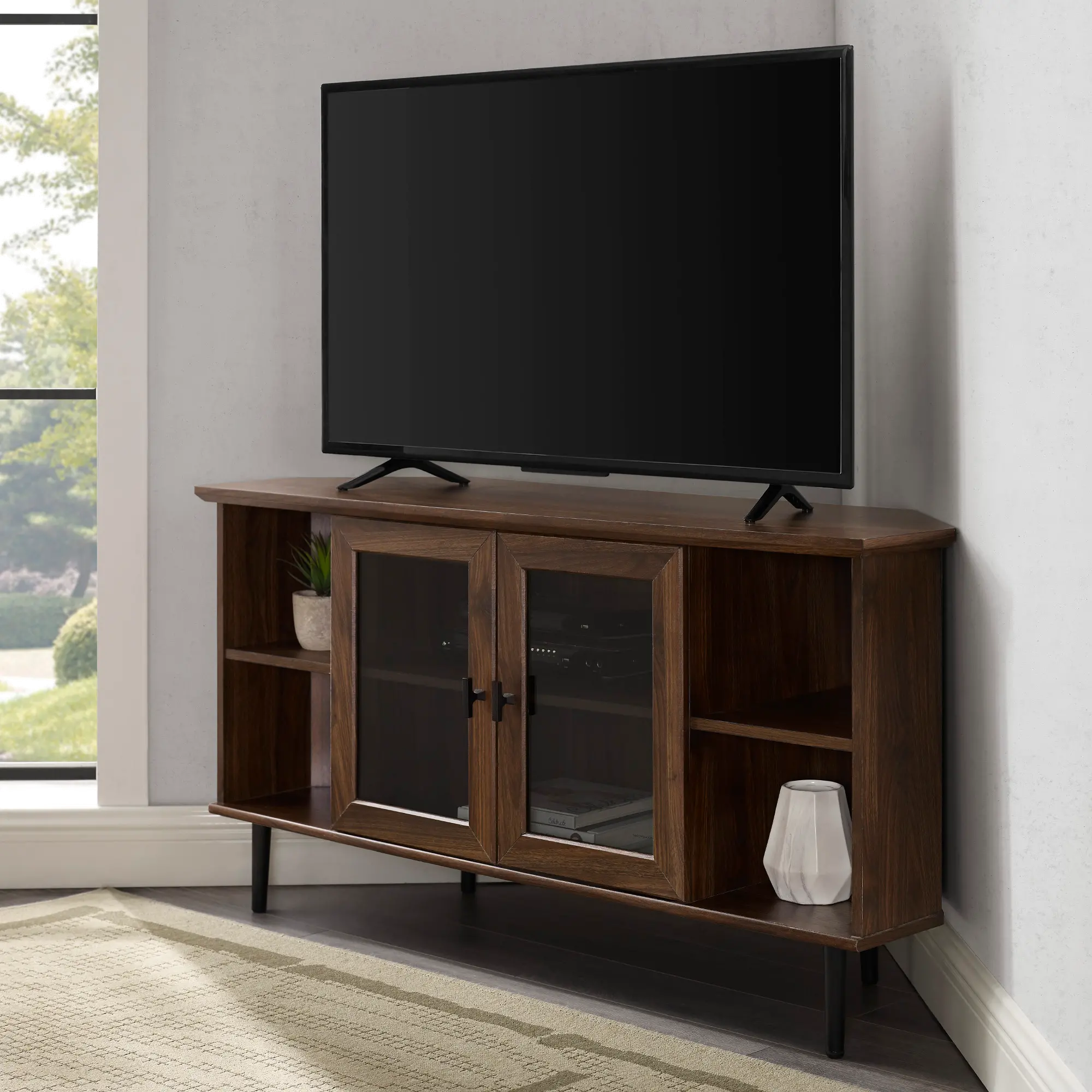 W48CLCR2DDW Dark Walnut 48 Inch Simple Glass Door Corner TV Stand - Walker Edison-2