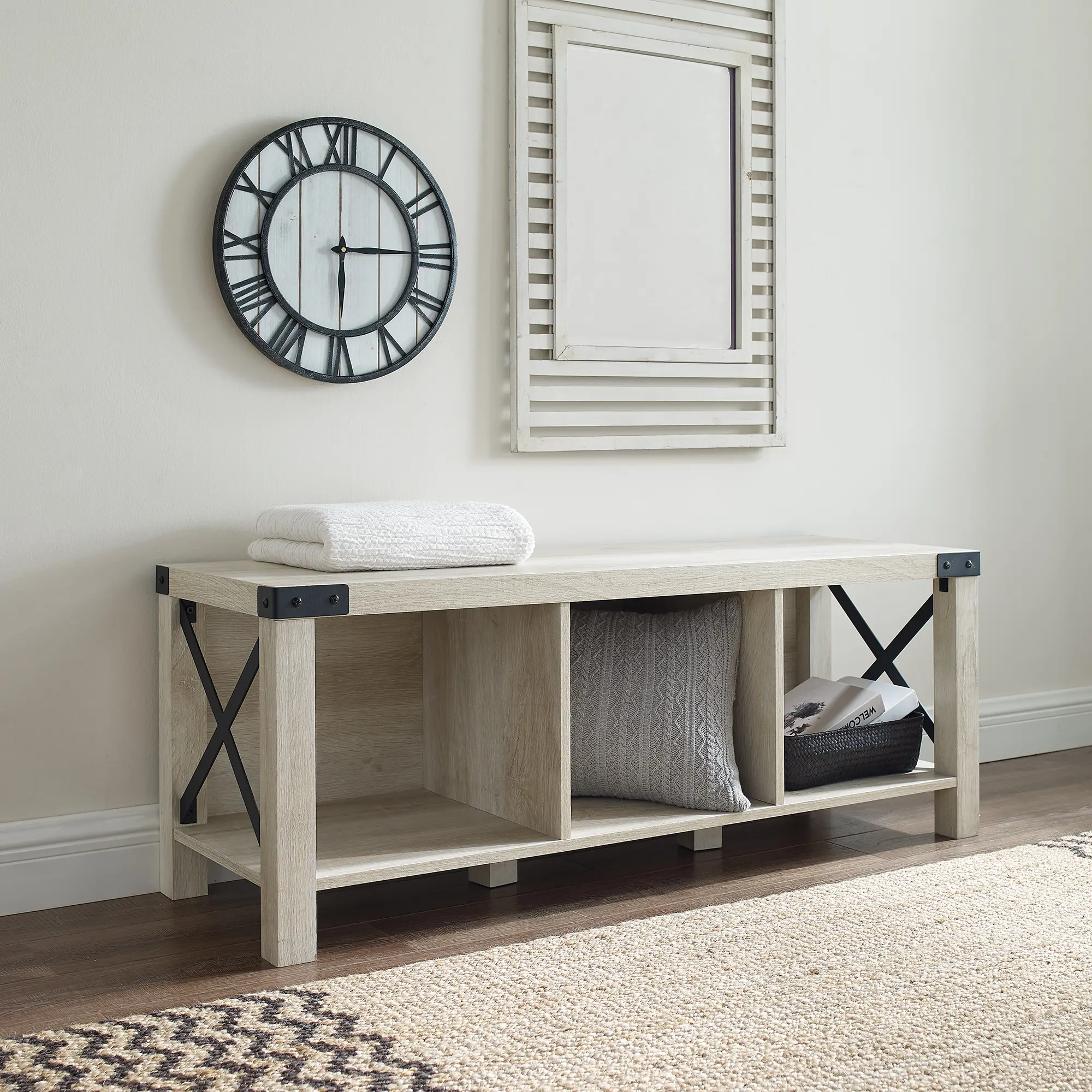 B48MXEBWO Metal X White Oak 48 Inch Farmhouse Entry Bench-2