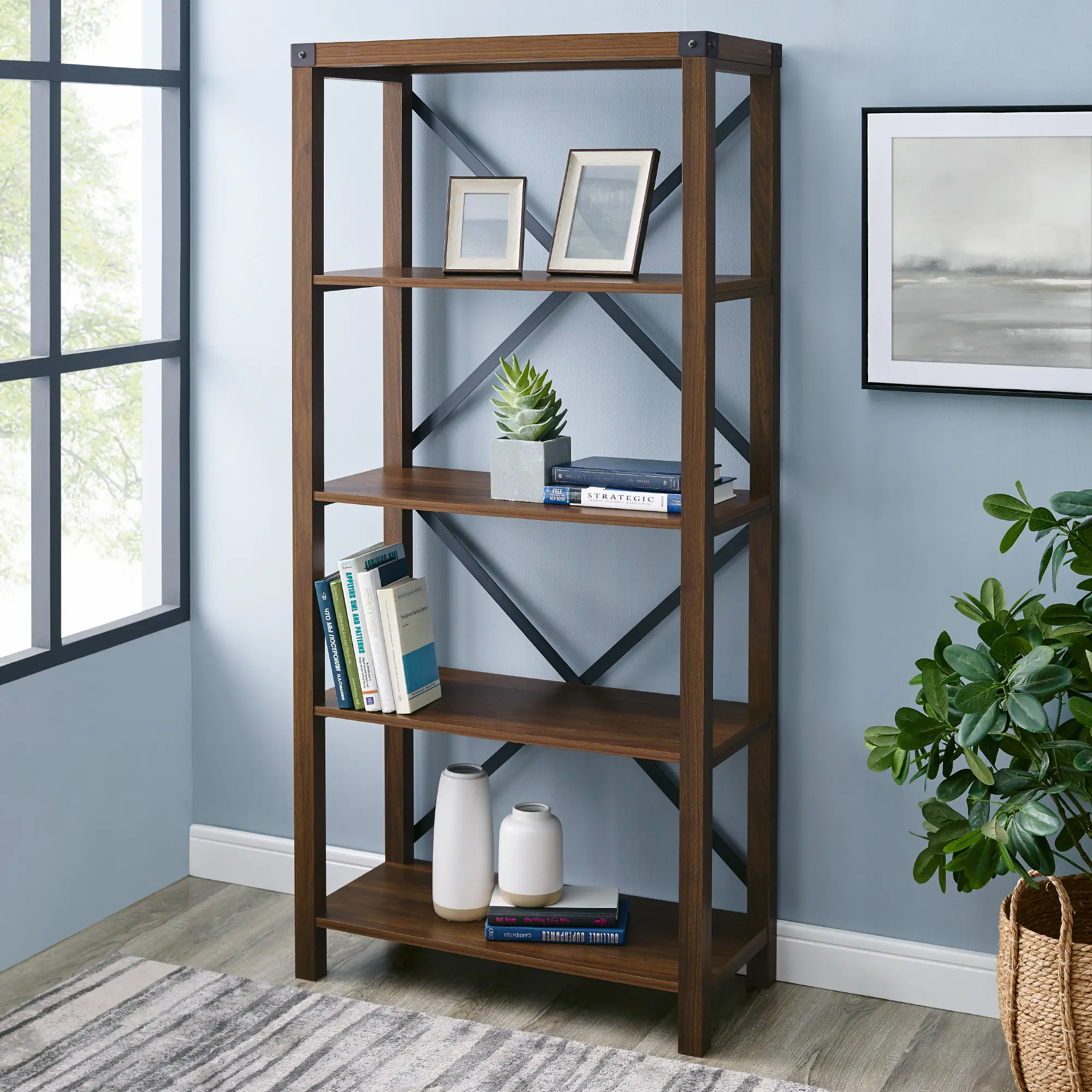 BS64MXDW Metal X Dark Walnut 64 Inch Bookcase - Walker Edison-2