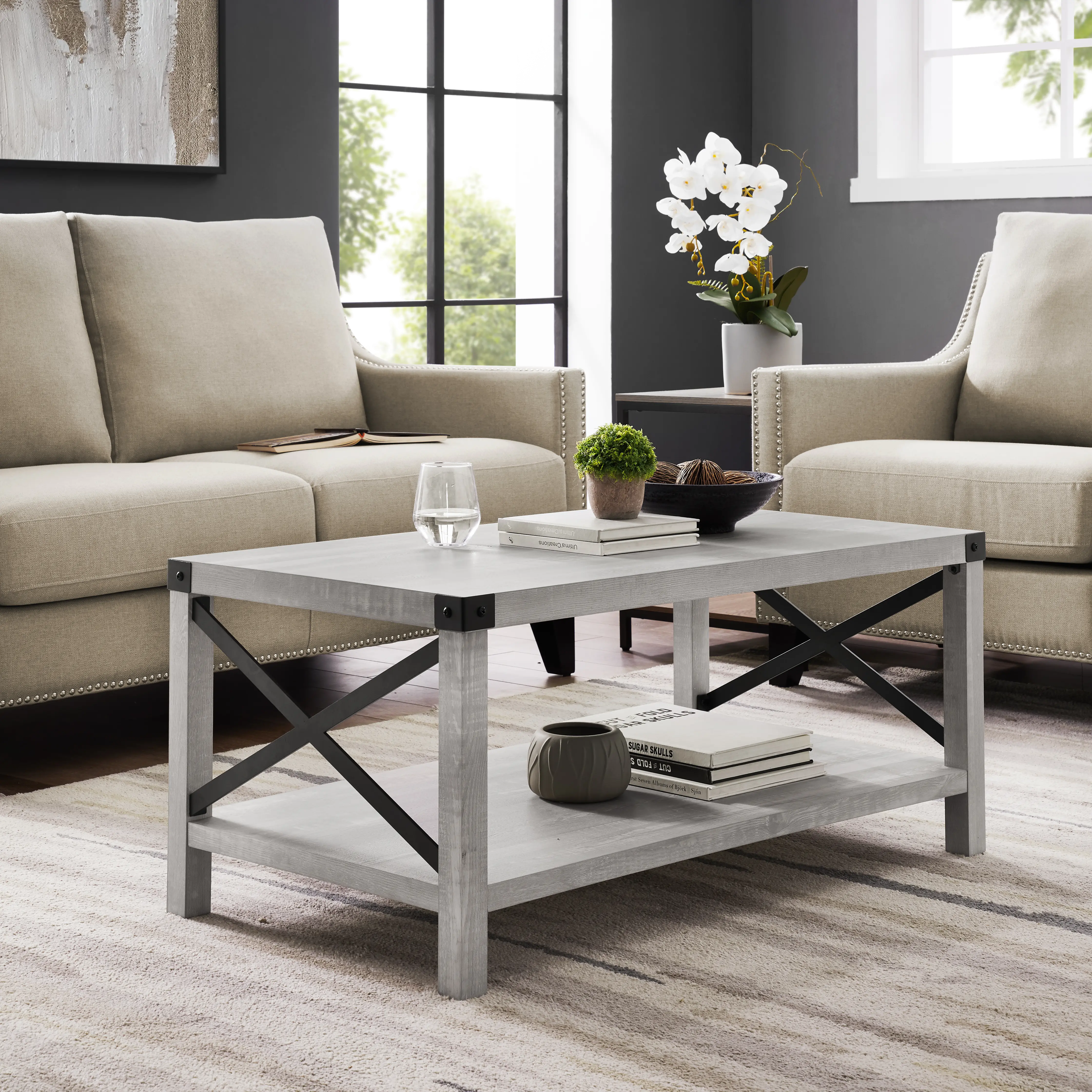 AF40MXCTST Metal X Stone Gray Farmhouse Coffee Table - Walker Edison-2