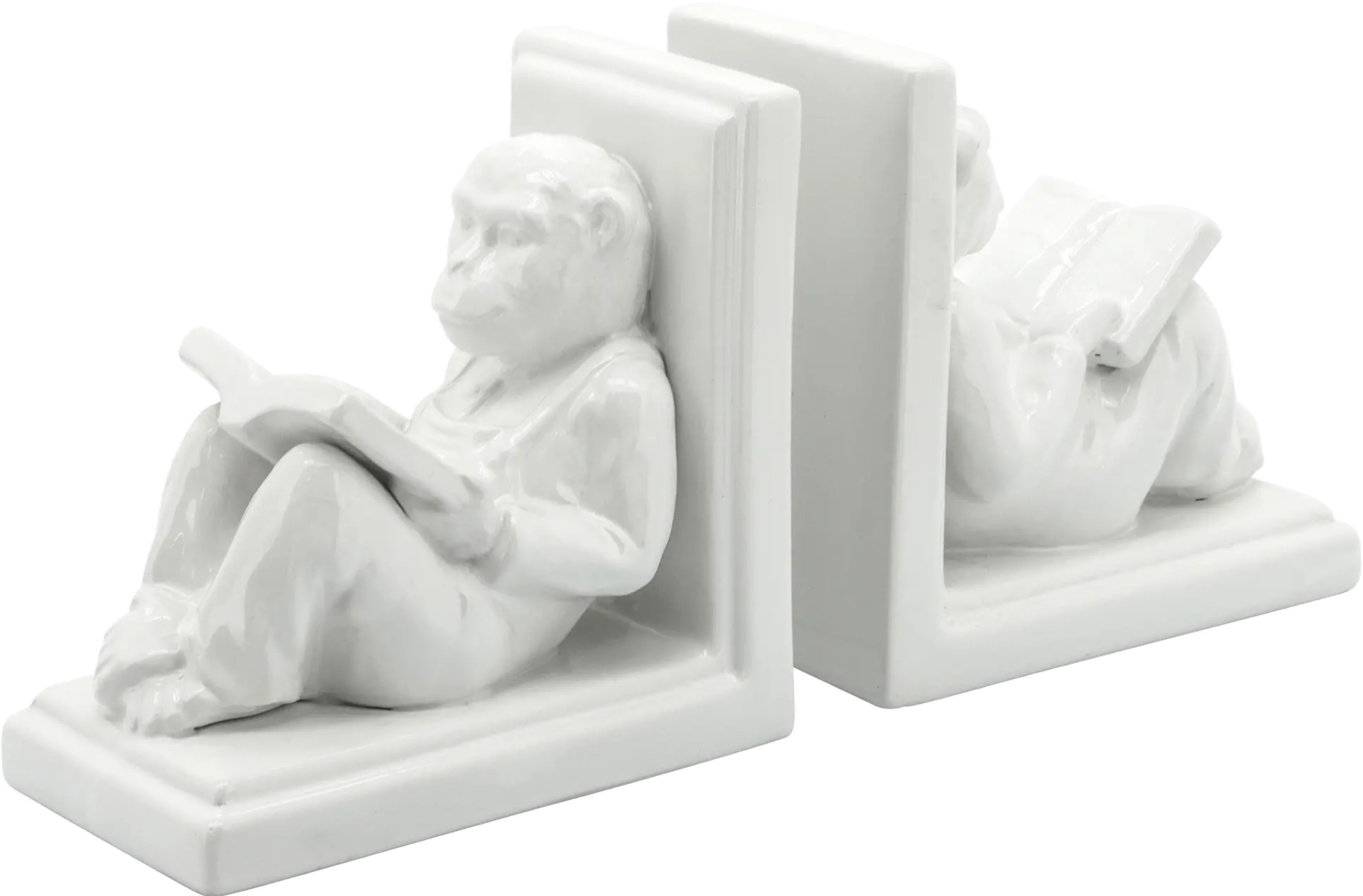 7 Inch White Ceramic Reading Monkey Bookend Pair-2