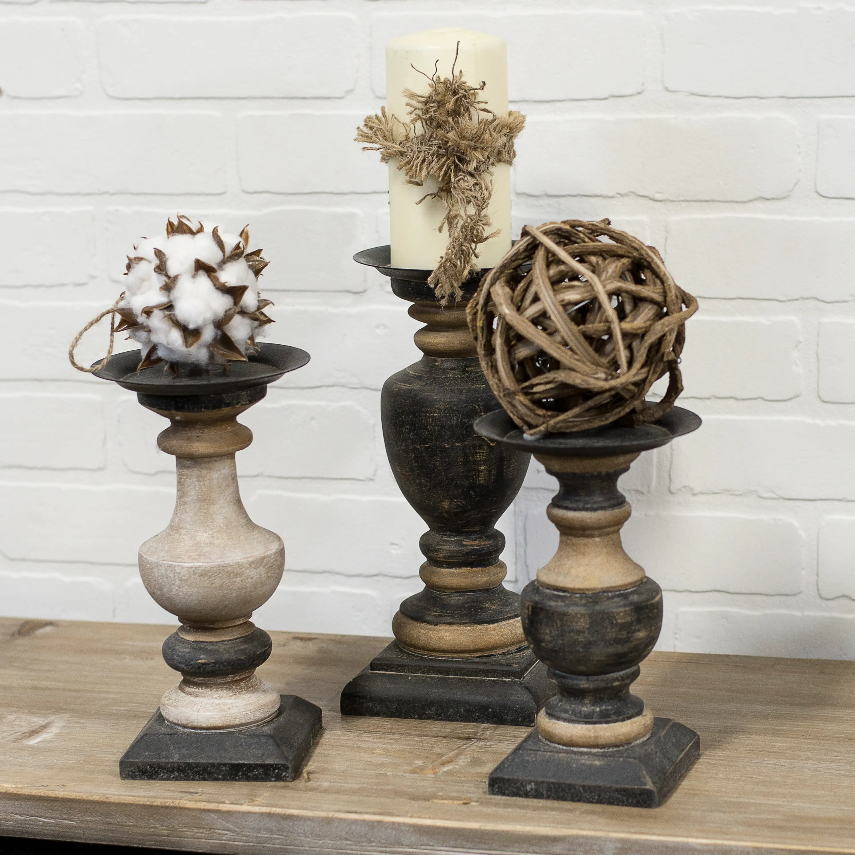 11  Distressed Black and Brown Wood Candle Holder-2