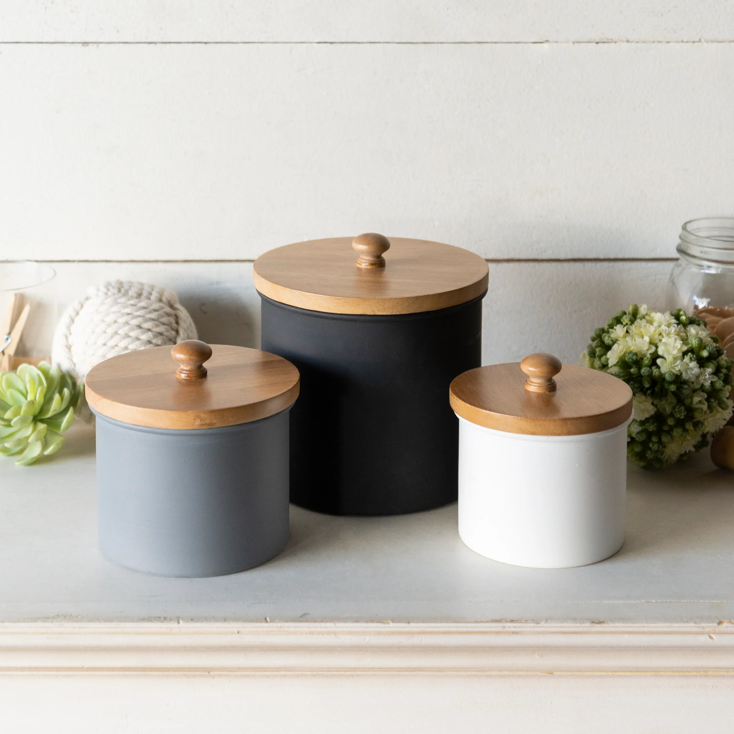 4  White Metal Canister with Wooden Lid-2