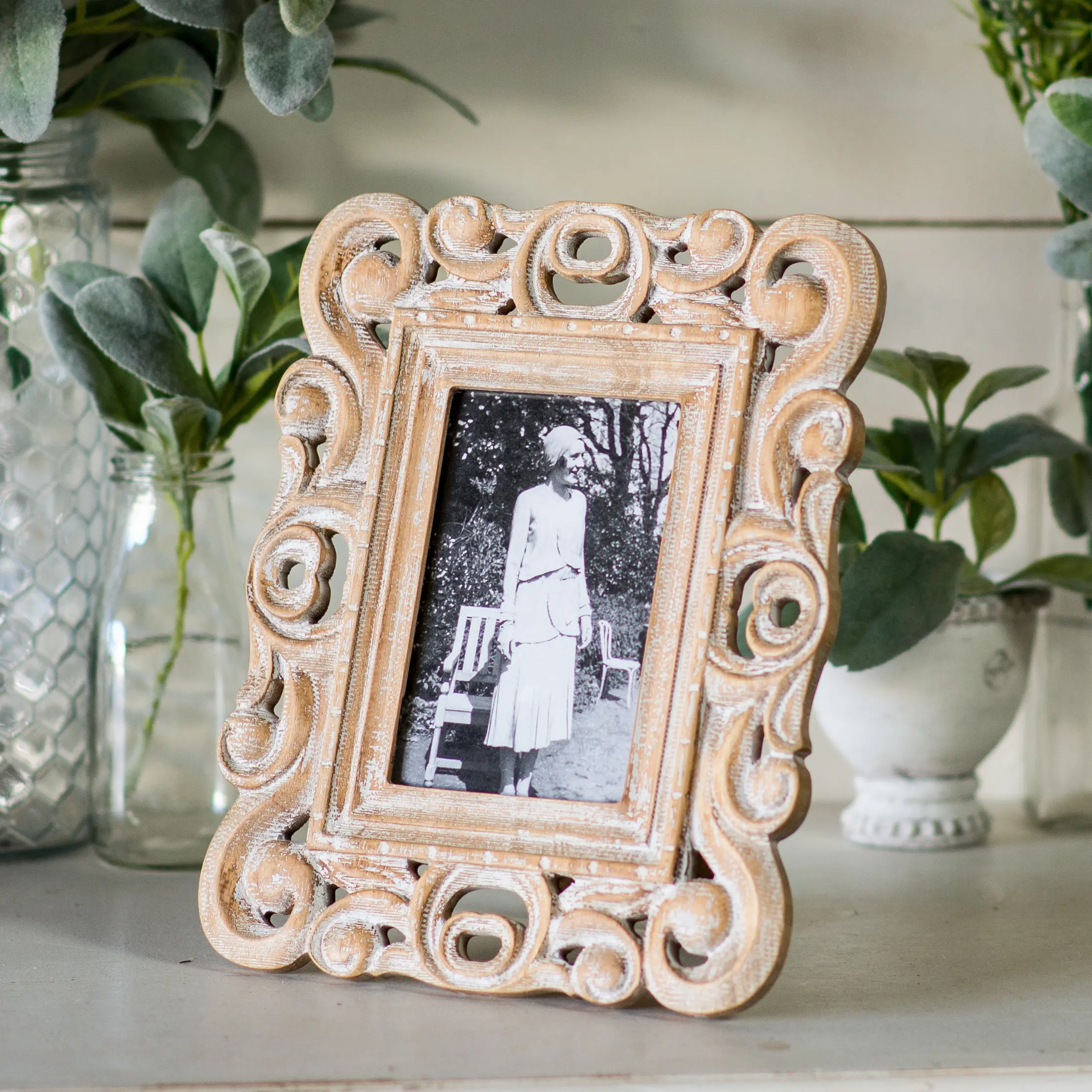 Carved Wood and White Wash Scroll Detail 4x6 Picture Frame-2