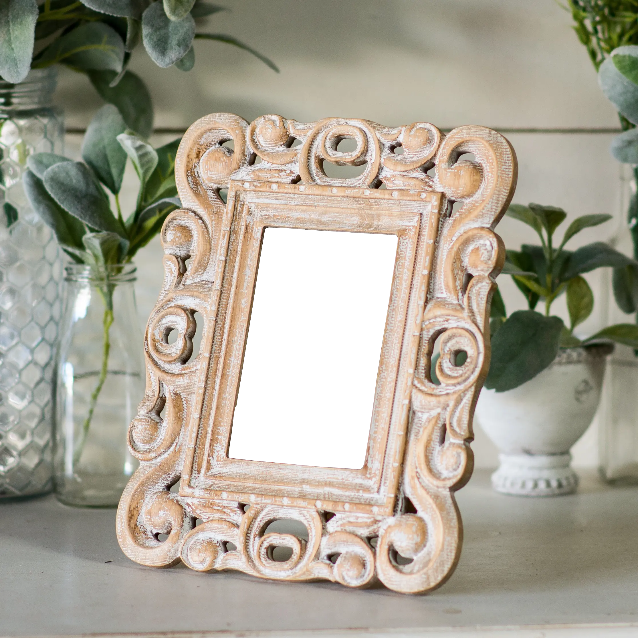 Carved Wood and White Wash Scroll Detail 4x6 Picture Frame-3