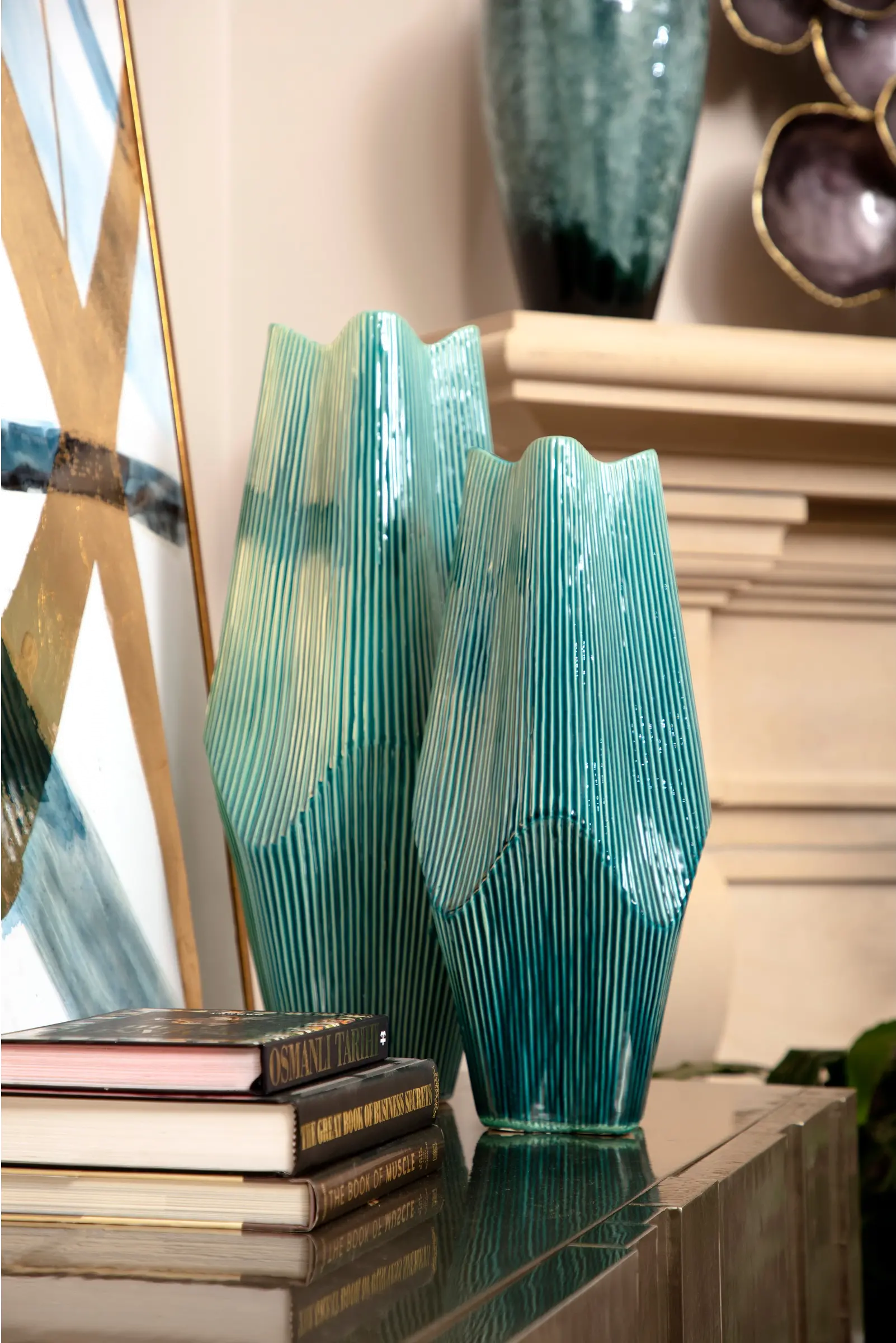 23 Inch Teal Ceramic Vase with Vertical Ribbed Detailing-2