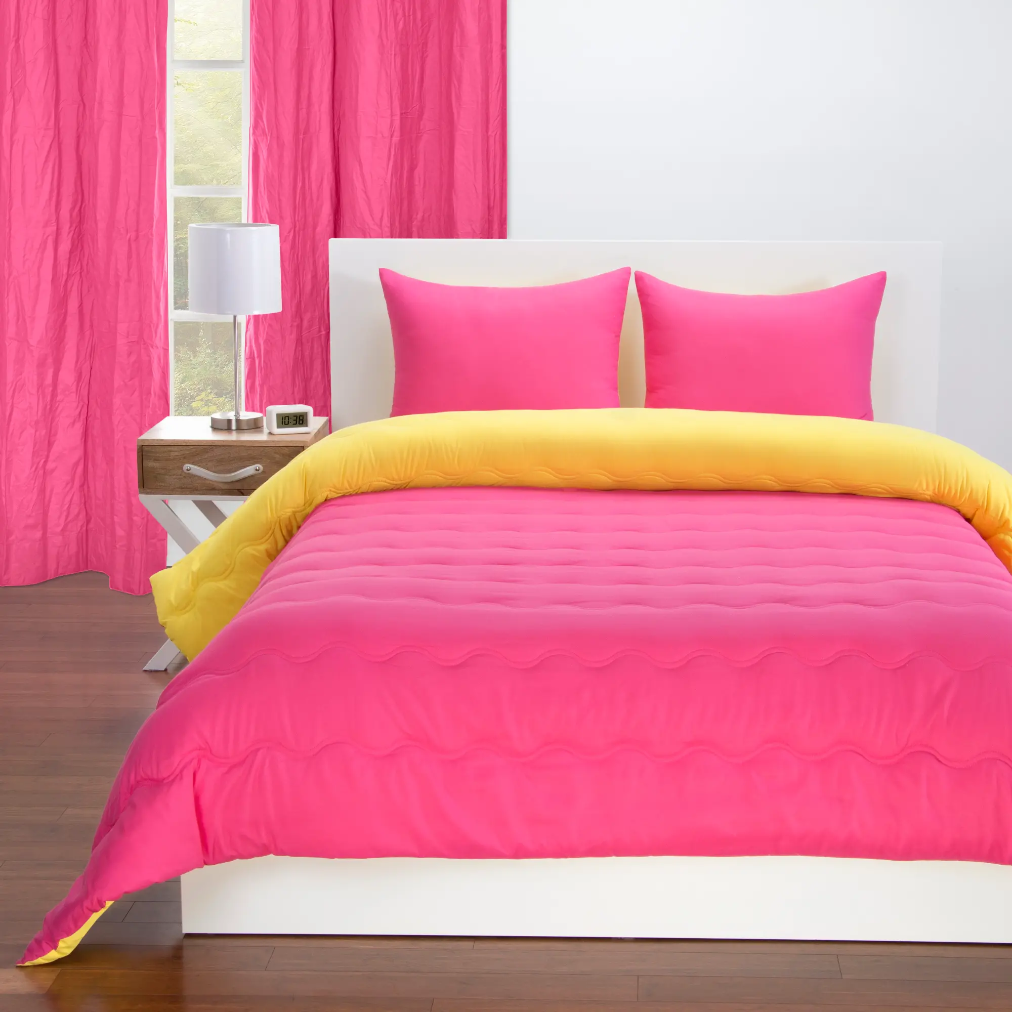 Hot Magenta Pink and Lemon Yellow Full 5 Piece Bedding Collection-2