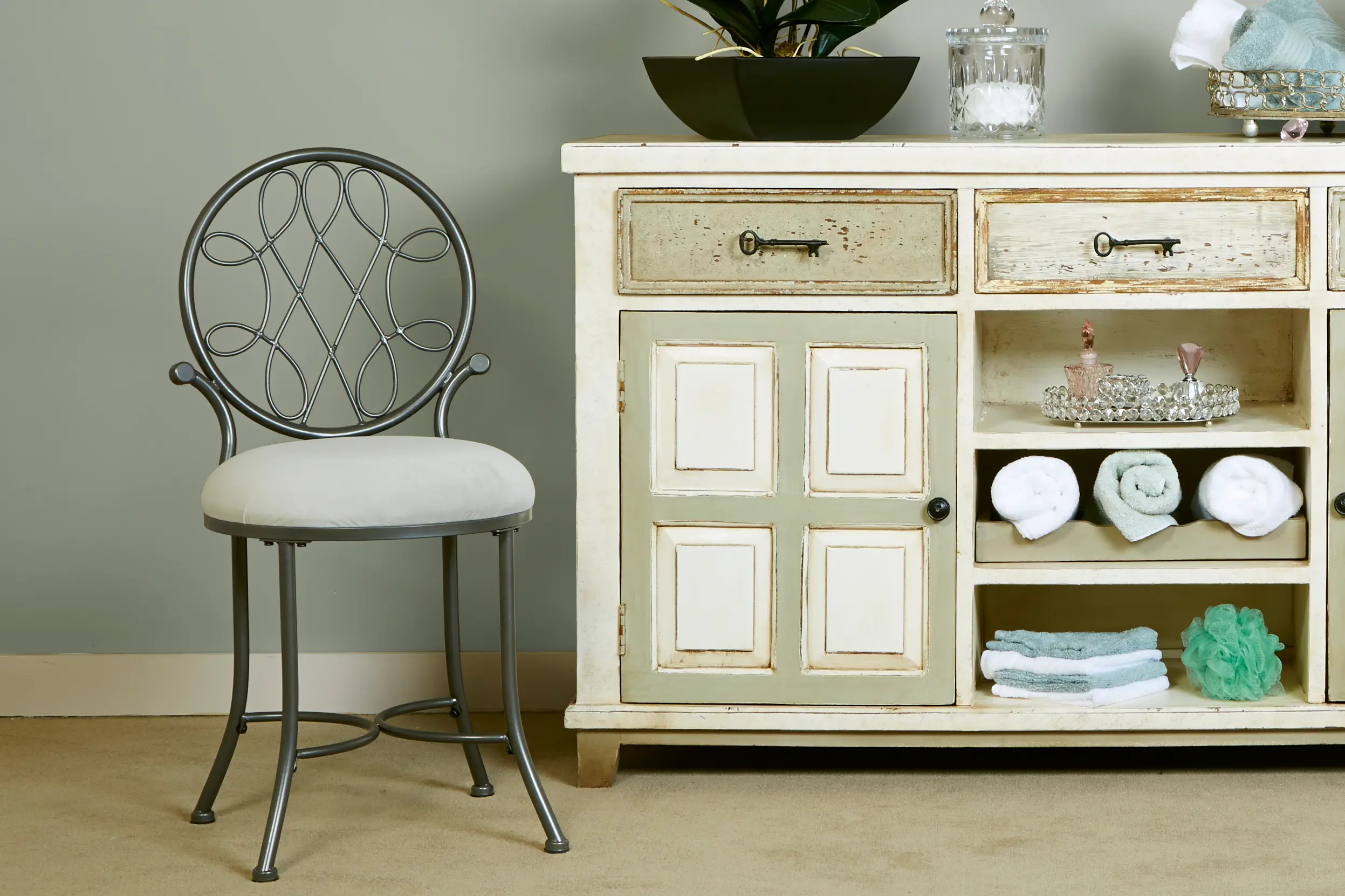 Traditional Metallic Gray Vanity Stool - O'Malley-2