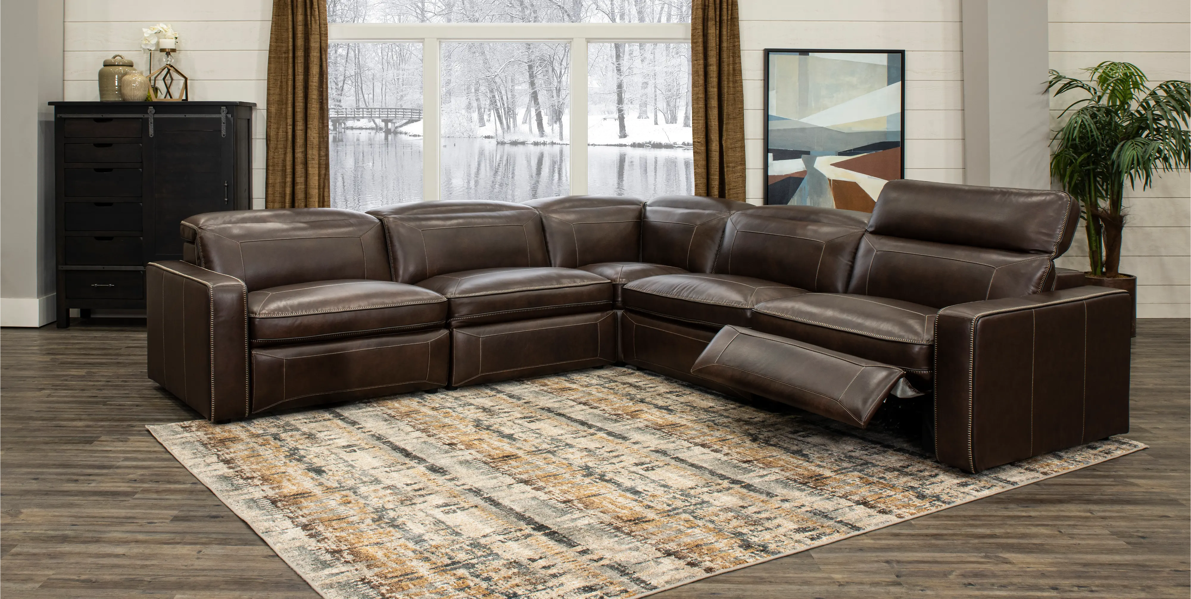 Spaces Brown Leather 5 Piece Power Reclining Sectional-2
