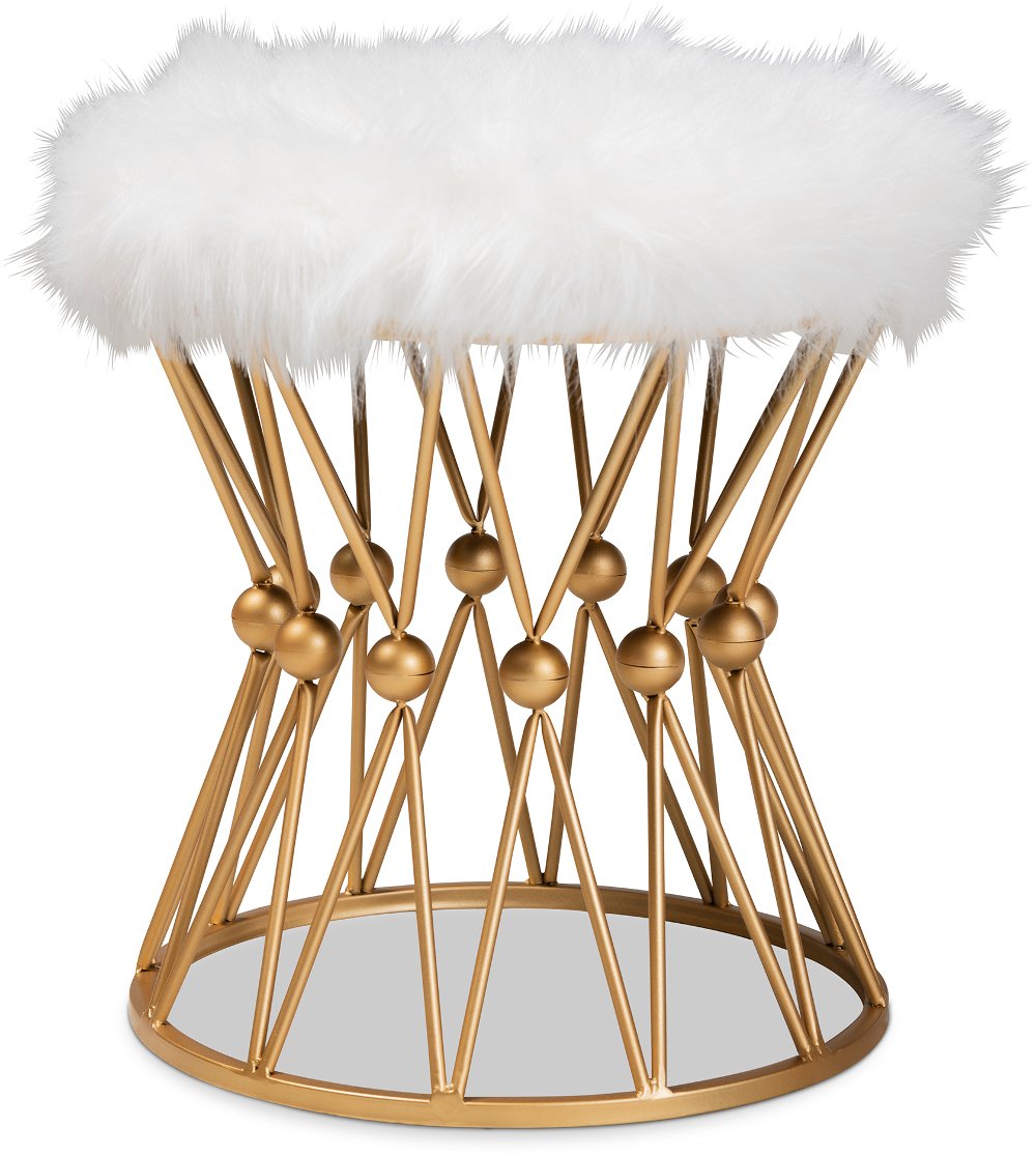 Glam White Faux Fur Upholstered Ottoman with Gold Metal Base