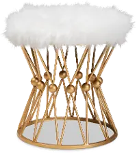 161-10274-RCW Glam White Faux Fur Upholstered Ottoman with Gold Metal Base