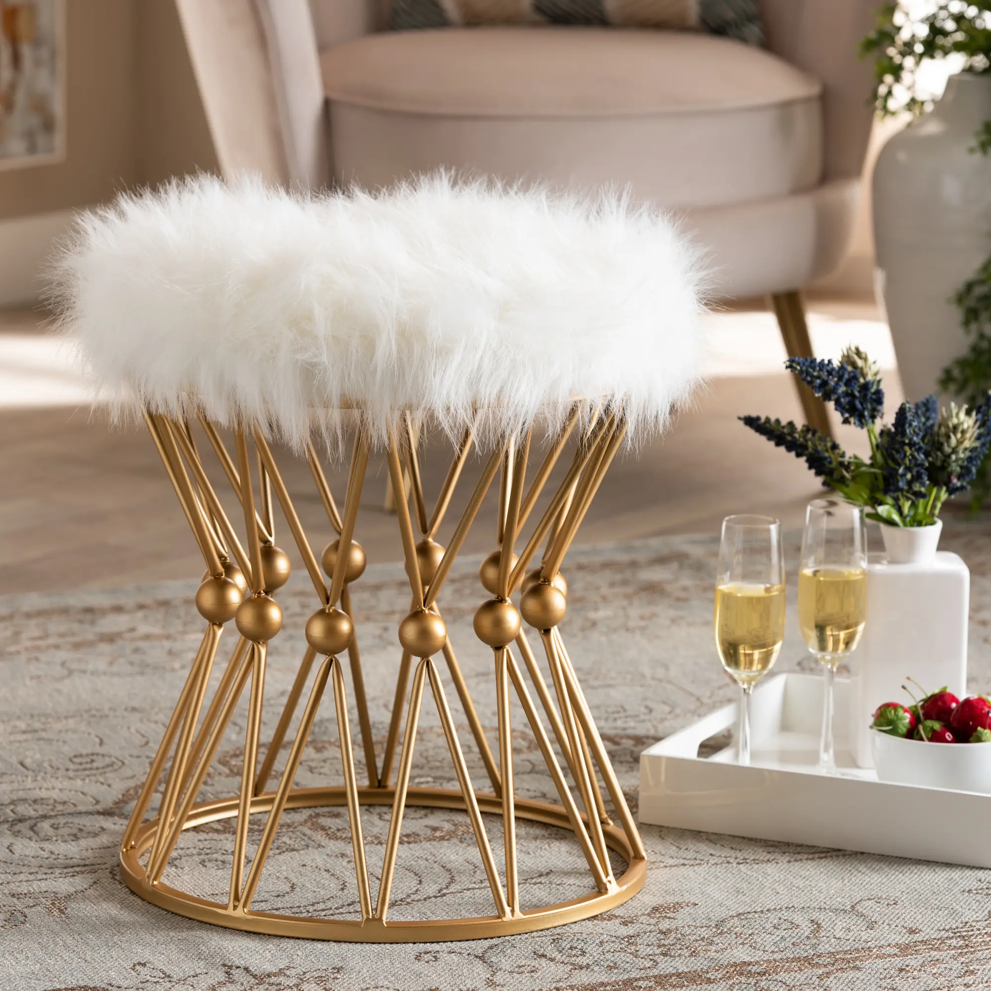 161-10274-RCW Glam White Faux Fur Upholstered Ottoman with Gold Metal Base-2