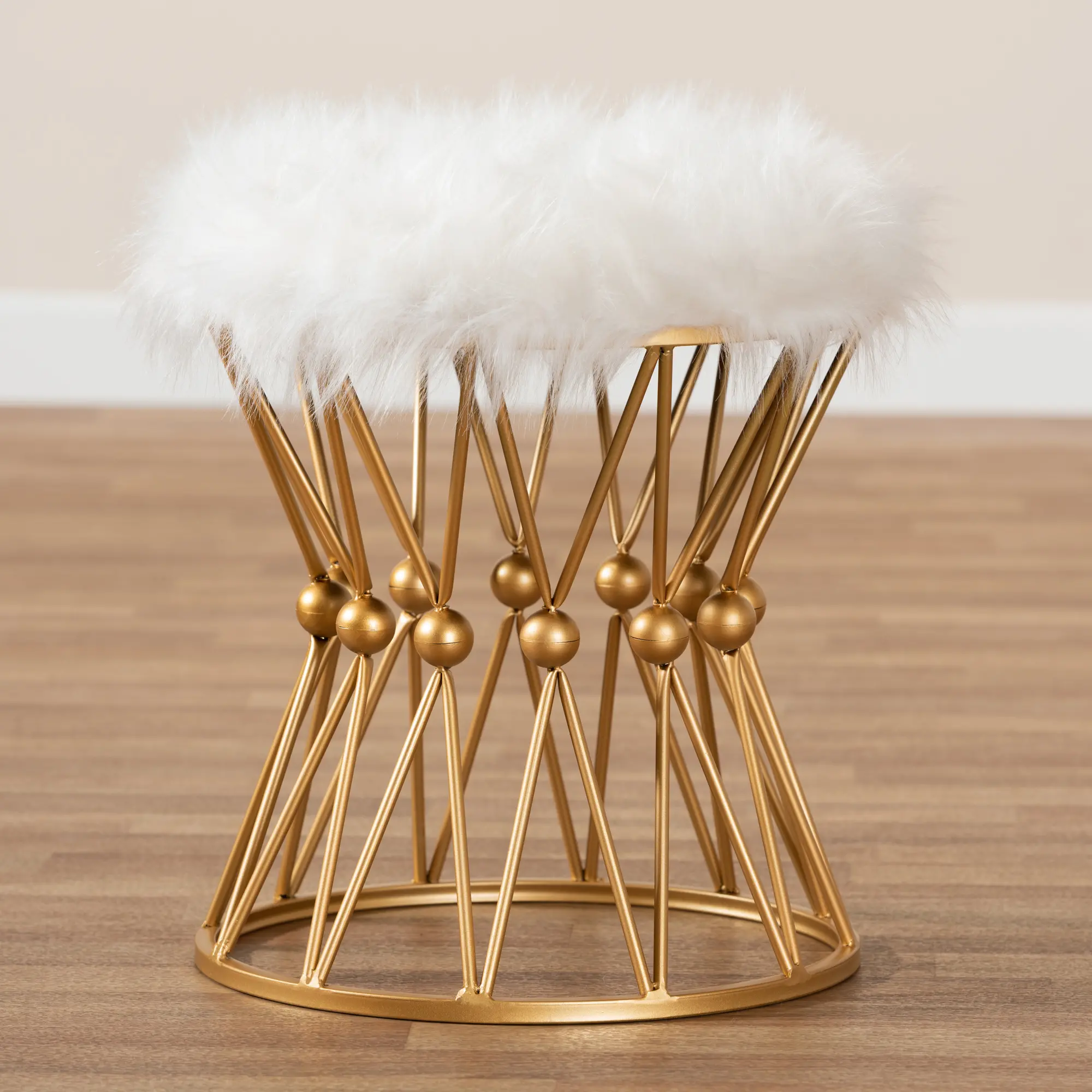 161-10274-RCW Glam White Faux Fur Upholstered Ottoman with Gold Metal Base-3