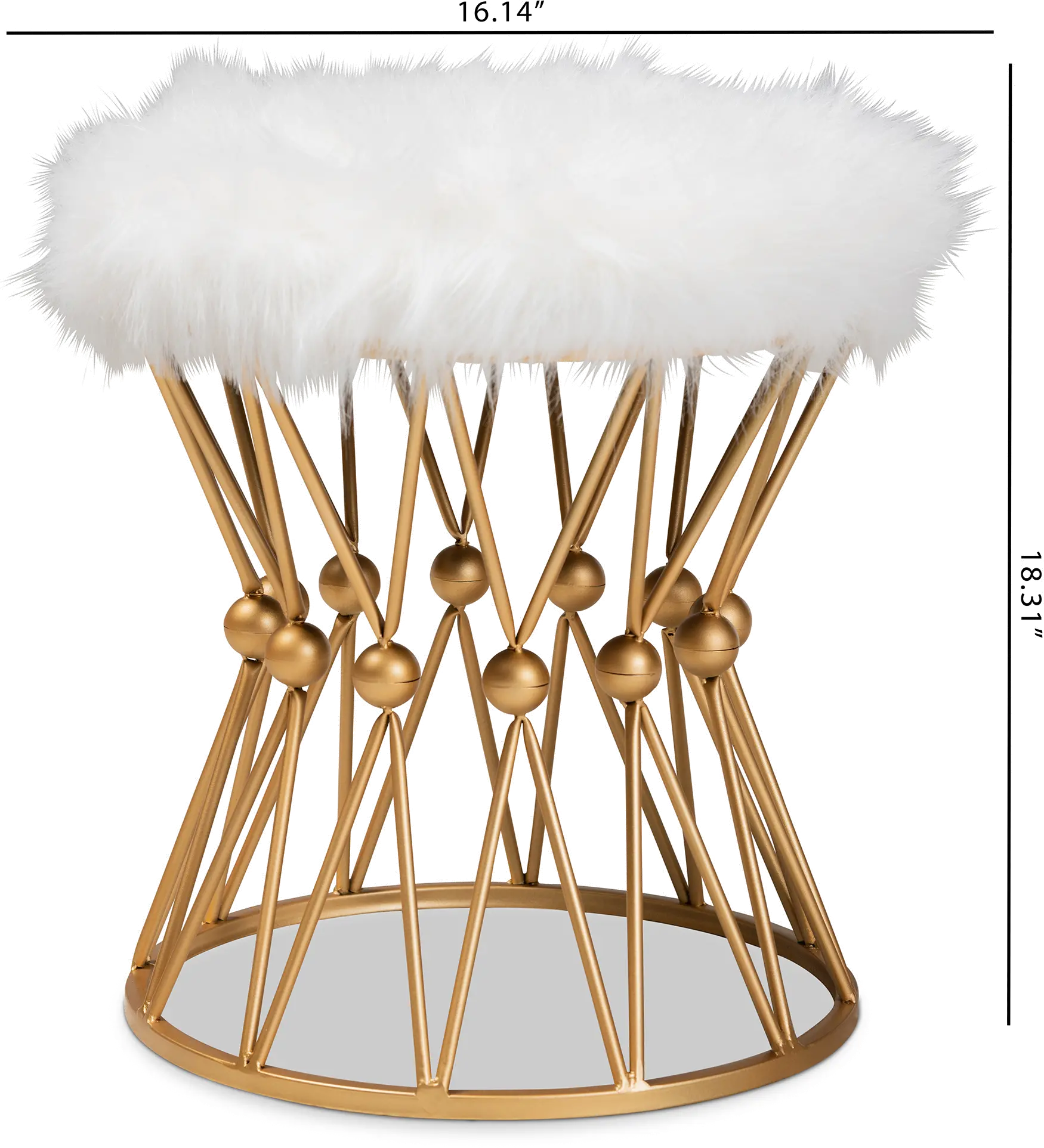 161-10274-RCW Glam White Faux Fur Upholstered Ottoman with Gold Metal Base-6