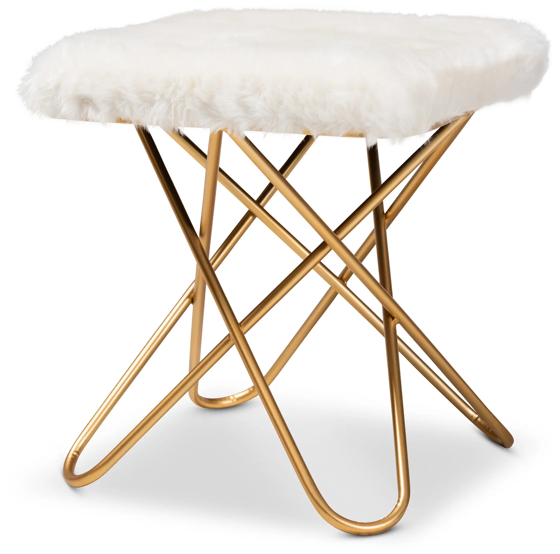 161-10285-RCW Glam White Faux Fur Upholstered Ottoman with Gold Finish - Jodene-1