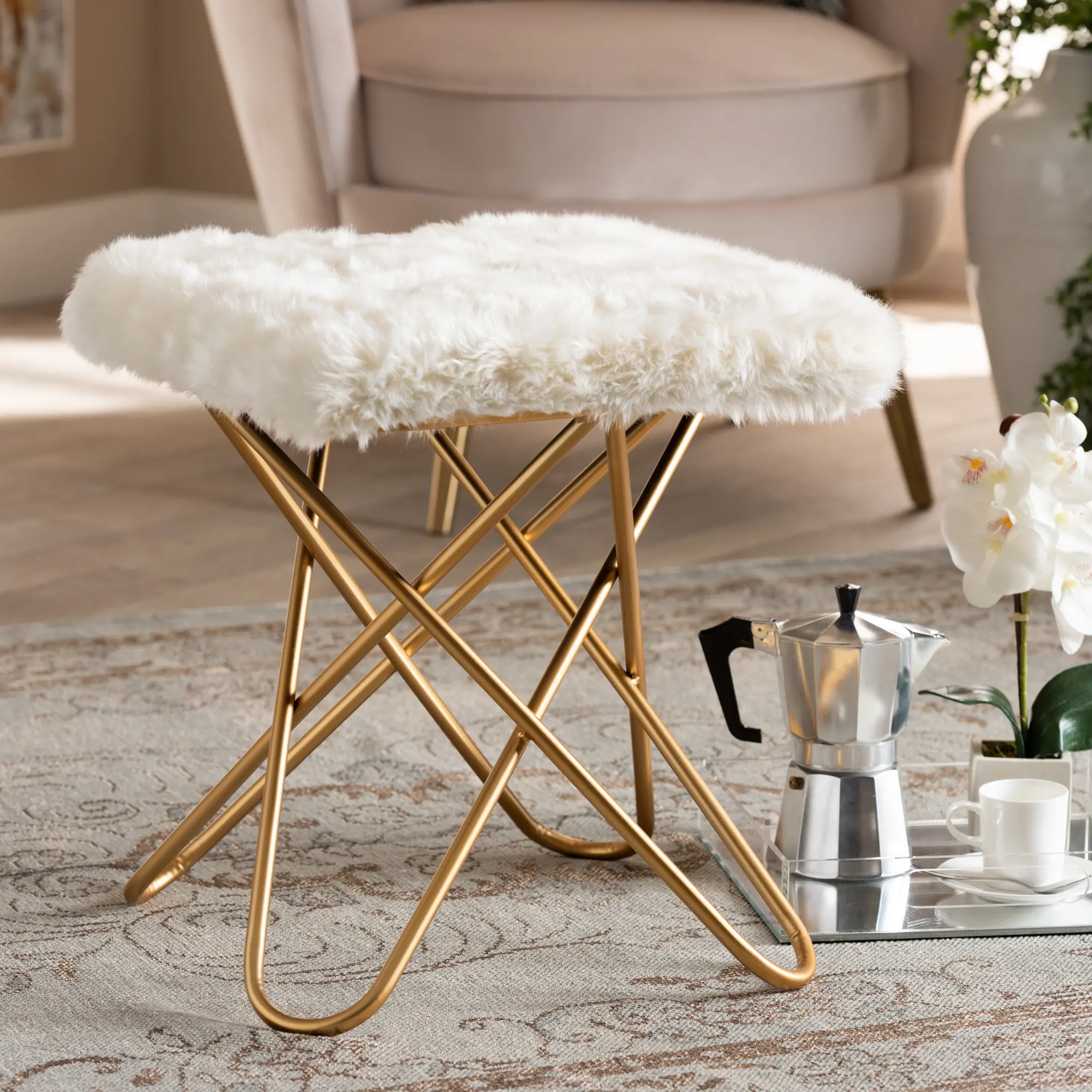 161-10285-RCW Glam White Faux Fur Upholstered Ottoman with Gold Finish - Jodene-2