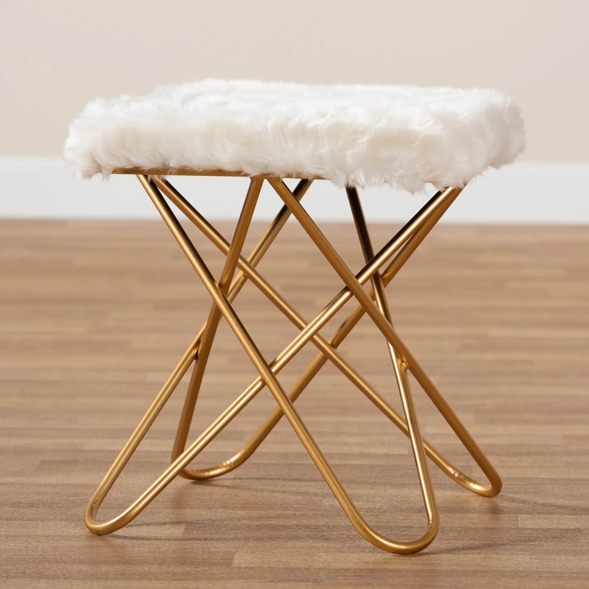 161-10285-RCW Glam White Faux Fur Upholstered Ottoman with Gold Finish - Jodene-3