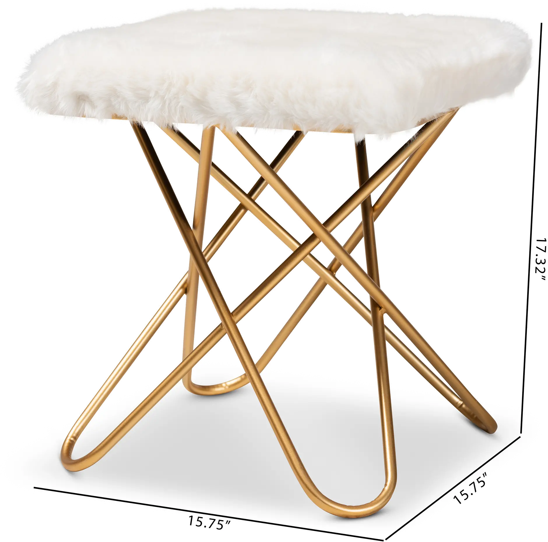 161-10285-RCW Glam White Faux Fur Upholstered Ottoman with Gold Finish - Jodene-4