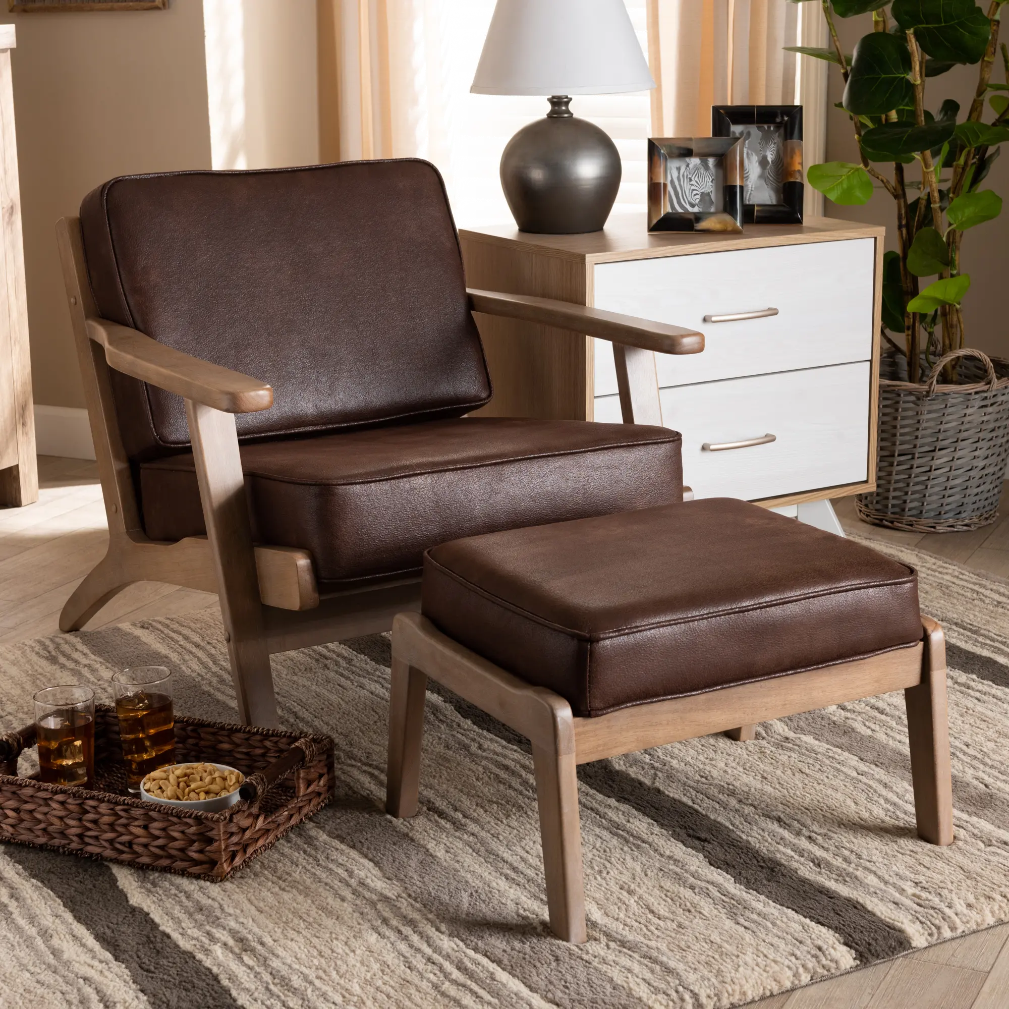 162-10567-10405-RCW Petra Mid Century Modern Brown Chair and Ottoman Set-2