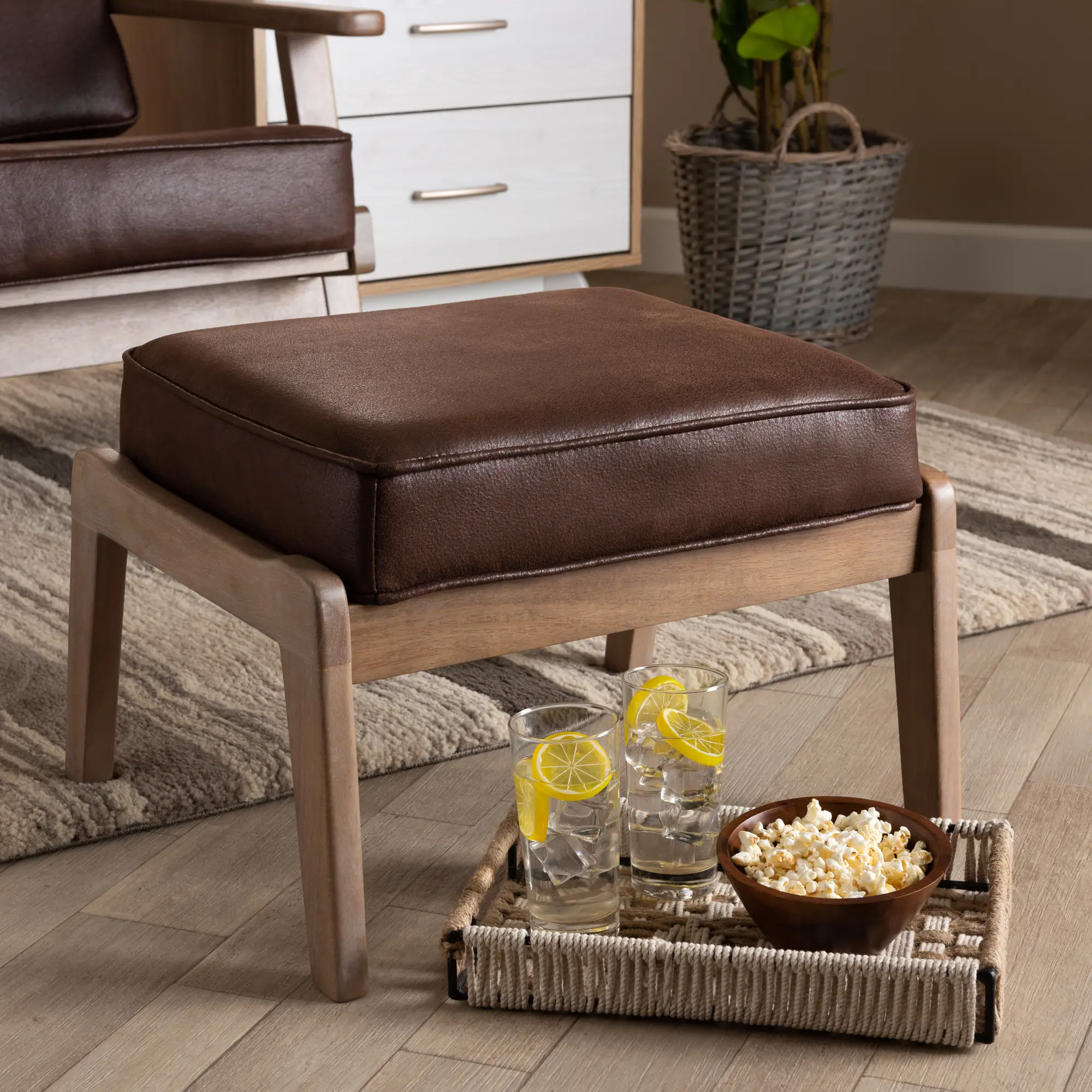 162-10405-RCW Mid Century Modern Dark Brown Faux Leather Ottoman - Petra-2