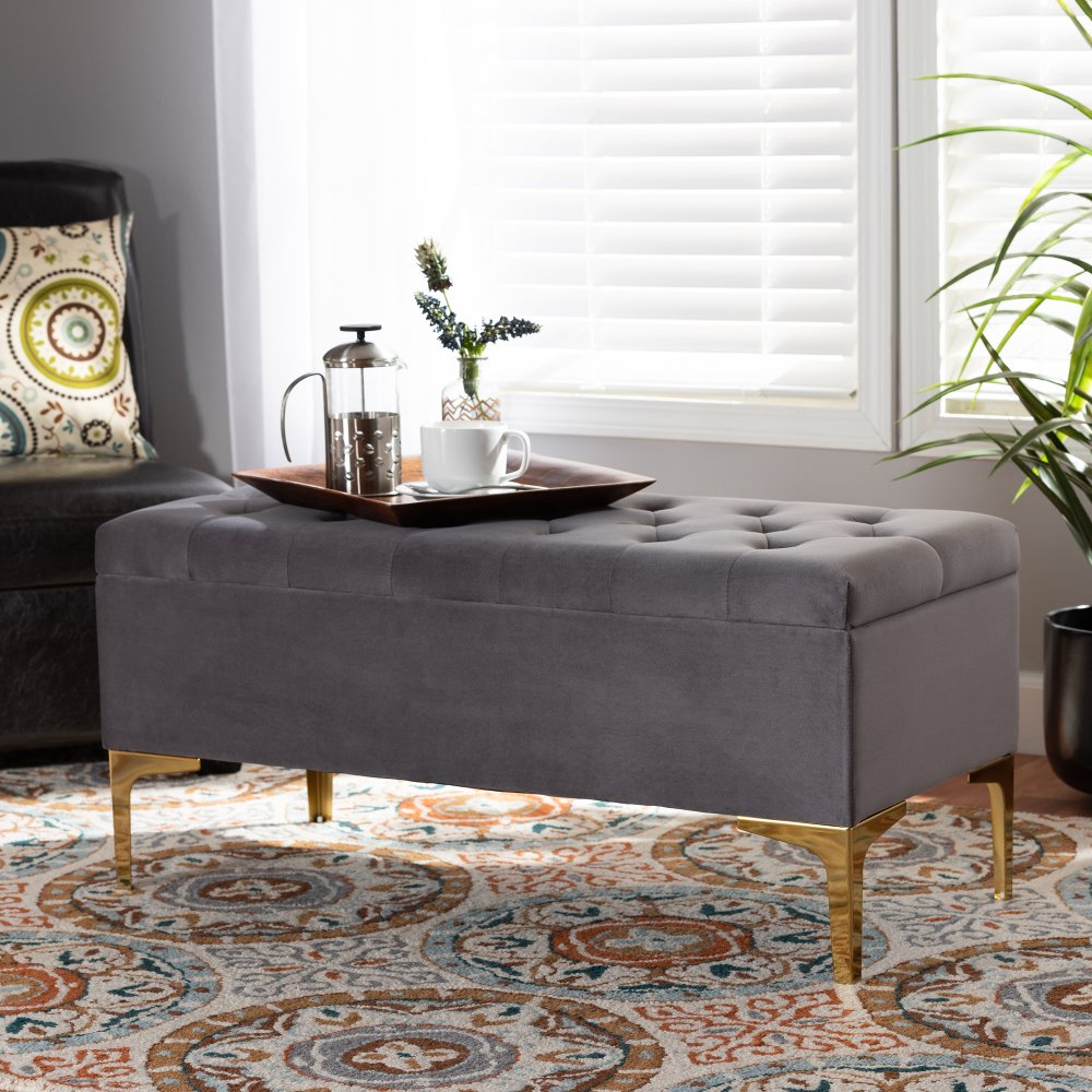 Glam Gray Velvet Upholstered Storage Ottoman - Gorden
