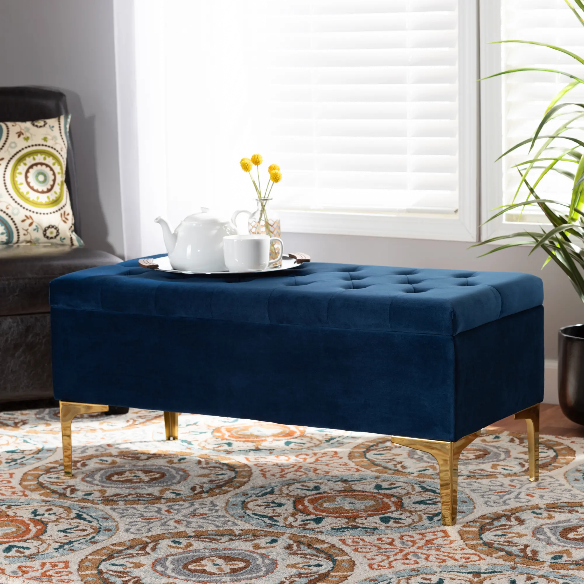 162-10463-RCW Glam Navy Blue Velvet Upholstered Storage Ottoman - Gorden-2