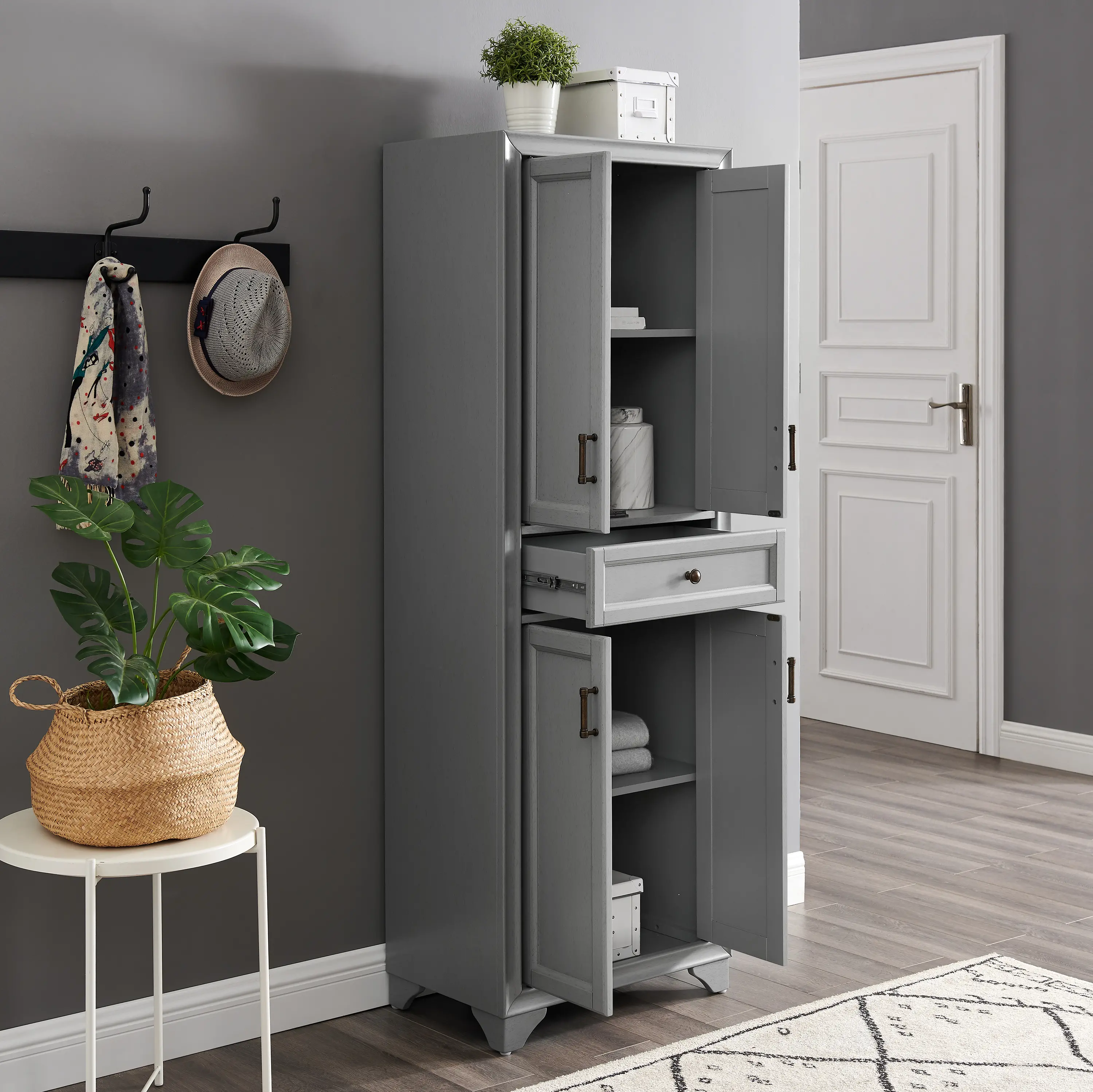CF3111-GY Tara Transitional Distressed Gray Tall Storage Pantry-2