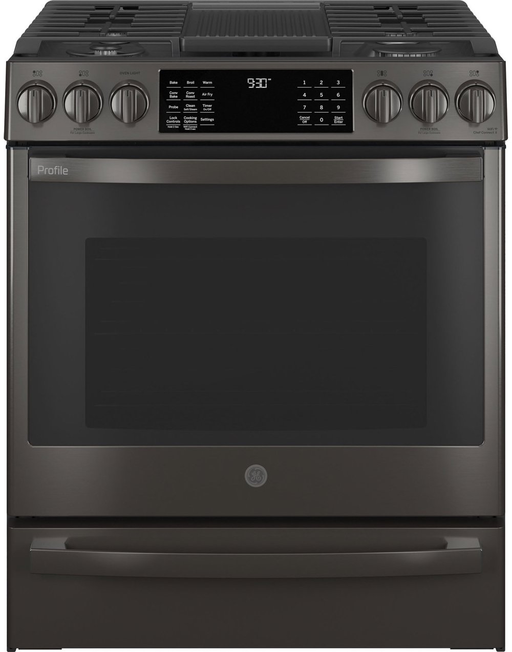 GE Profile 30 Inch Slide In Smart Gas Range with Convection - 5.3 cu. ft. Black Stainless Steel