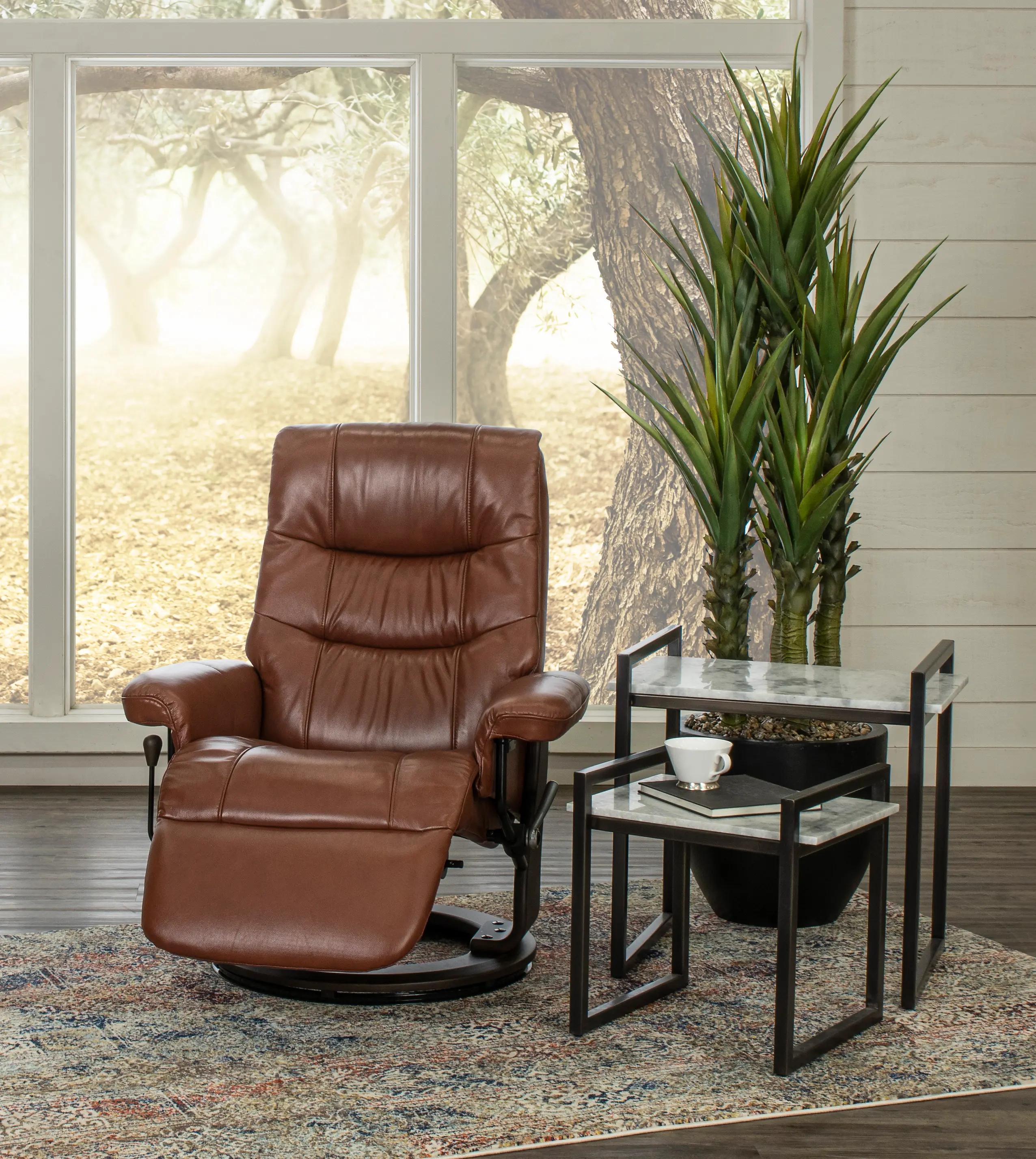 Flip-Up Cognac Leather Swivel Recliner-2