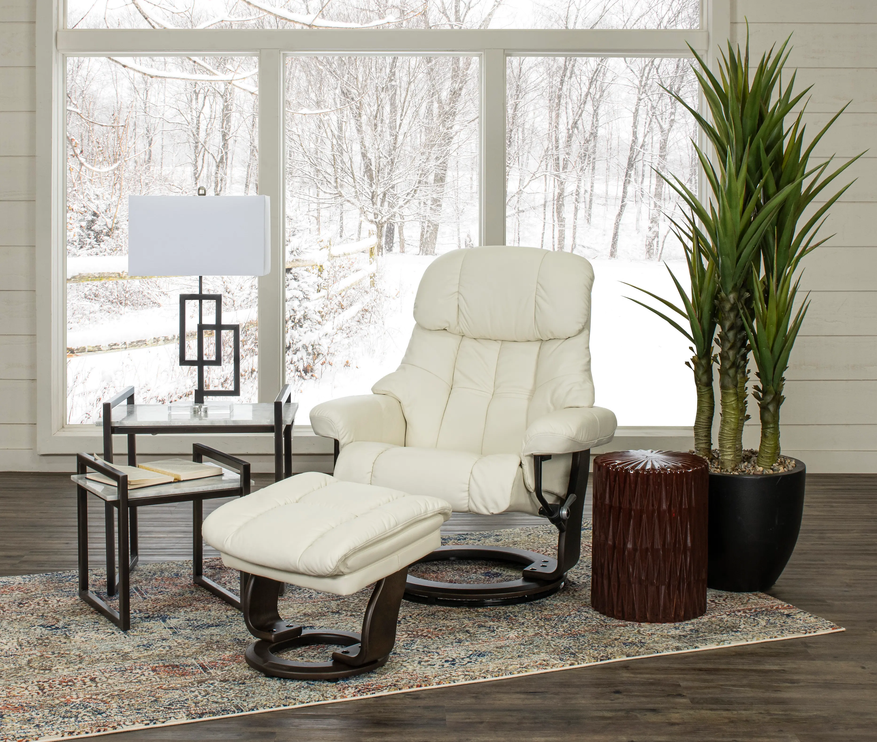 Zen Snow White Leather Recliner with Storage Ottoman-5