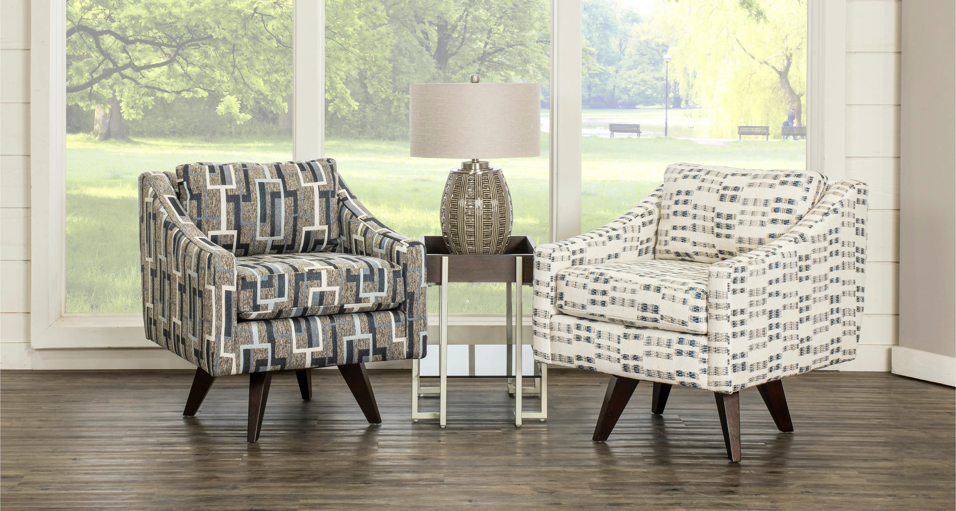 Henley Gray, Blue and Ivory Swivel Accent Chair-2