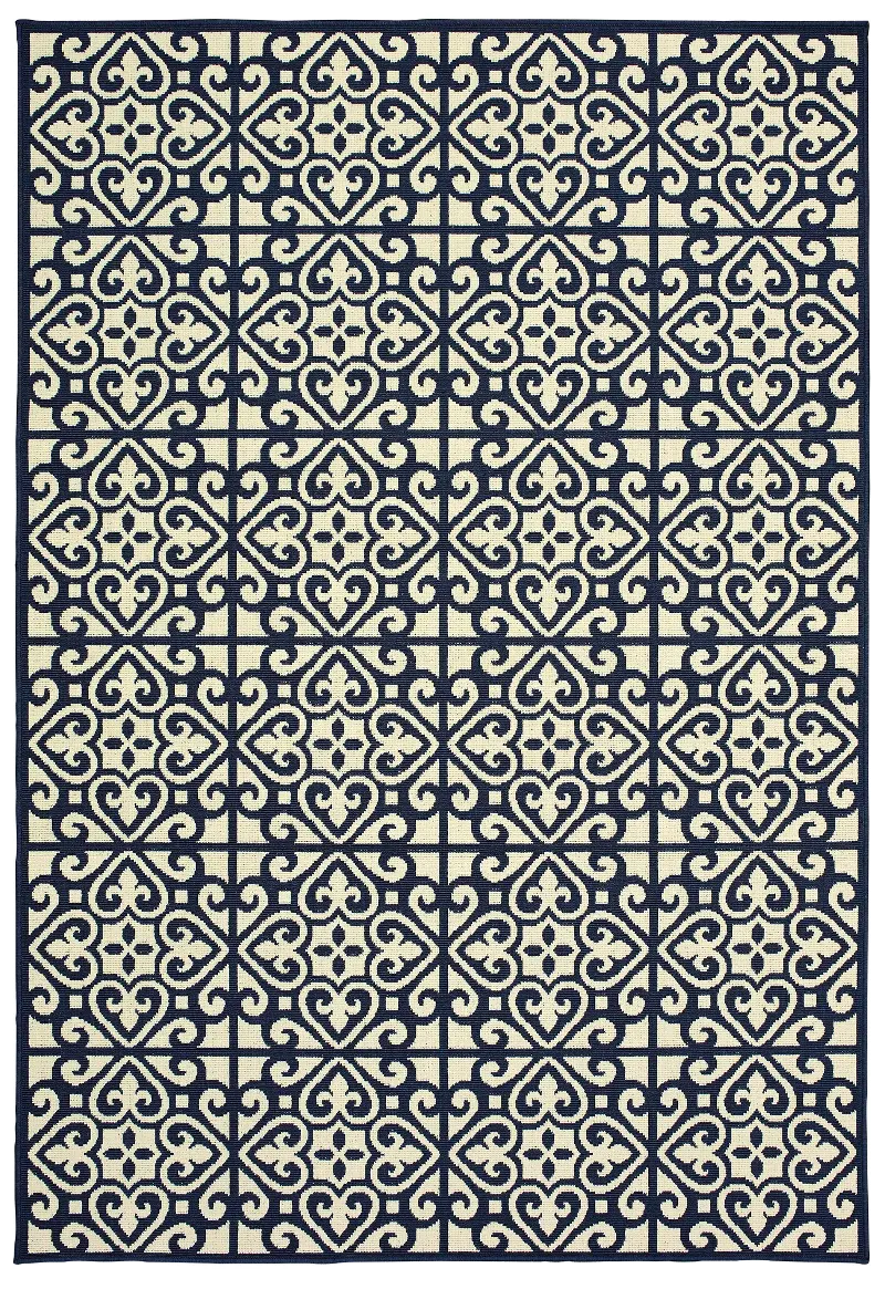 Marina 8 x 11 Large Navy and Ivory Indoor-Outdoor Rug