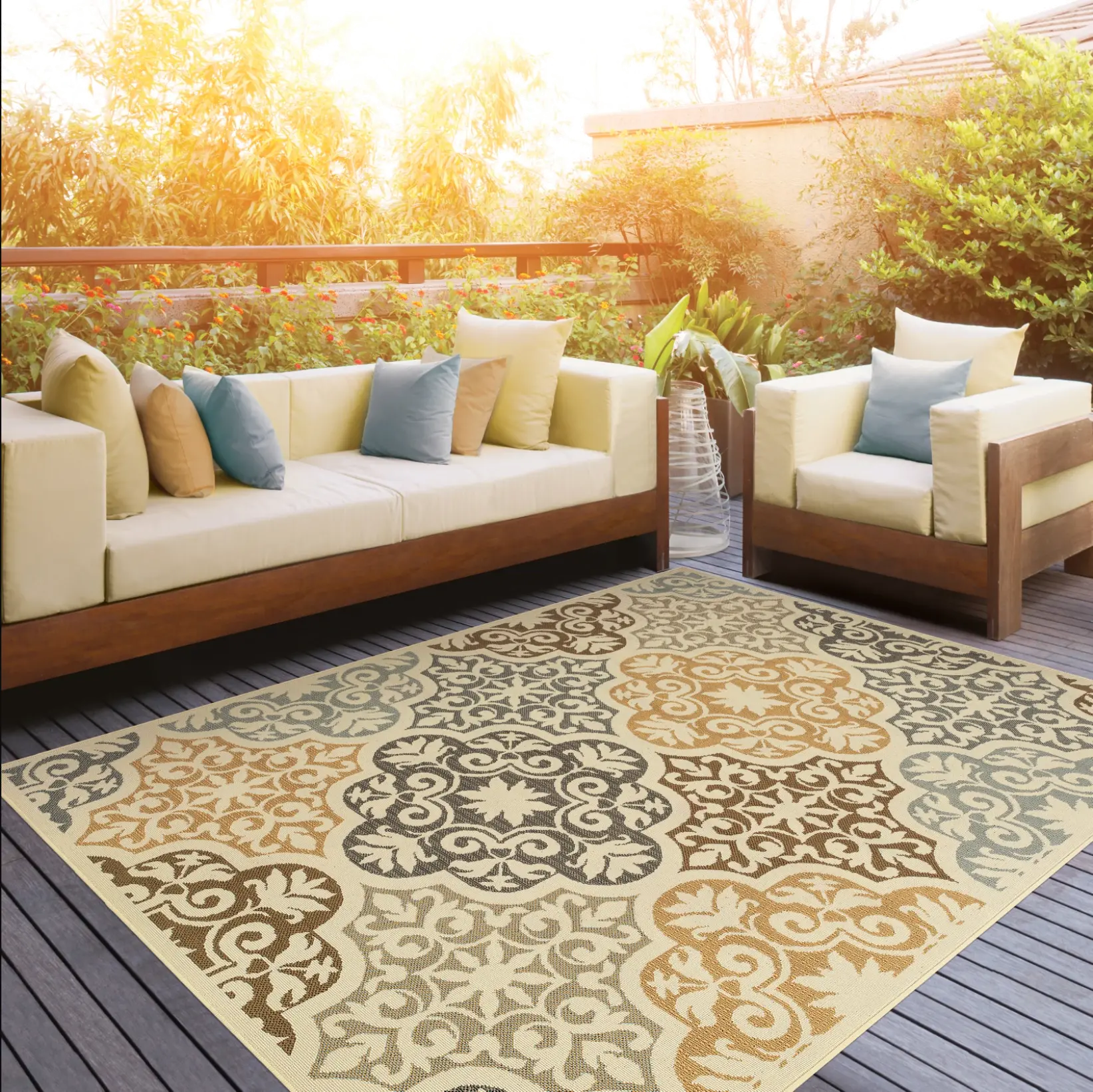 Bali 5 x 8 Medium Ivory, Blue, and Gold Indoor-Outdoor Rug-2