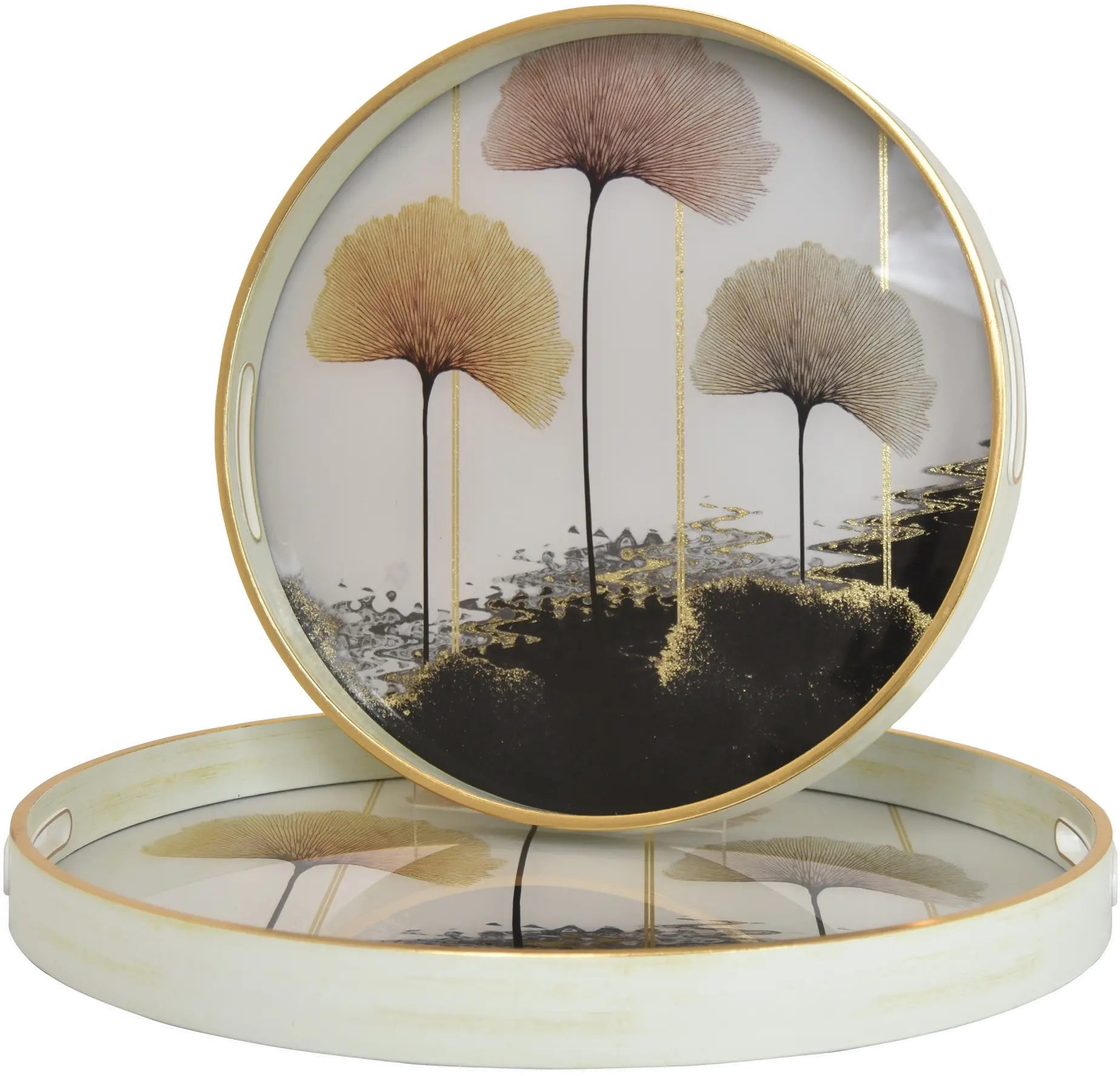 14  Round White, Gold and Burgundy Fan Brush Tray-1