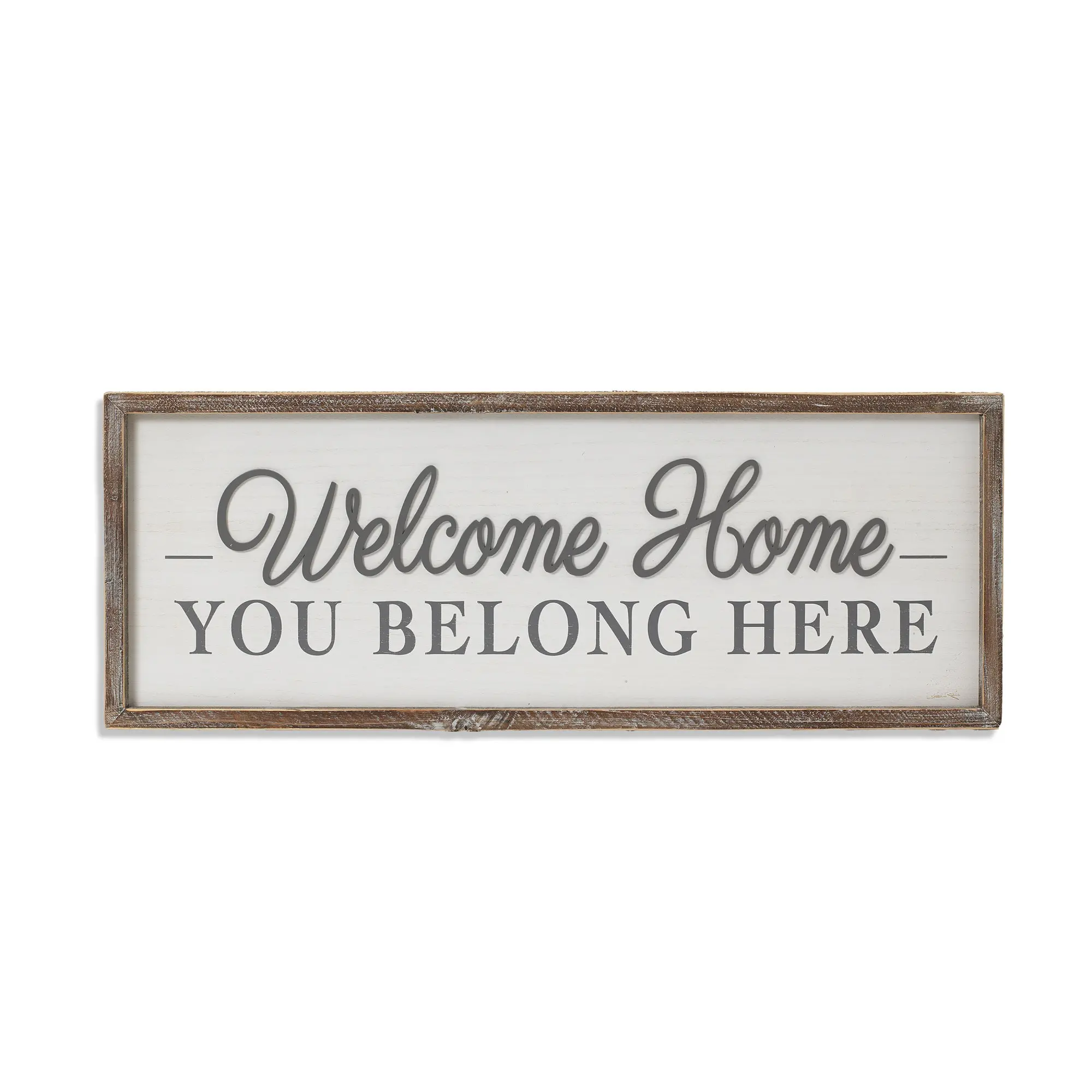Off White and Gray Welcome Home Sign with Brown Frame-1