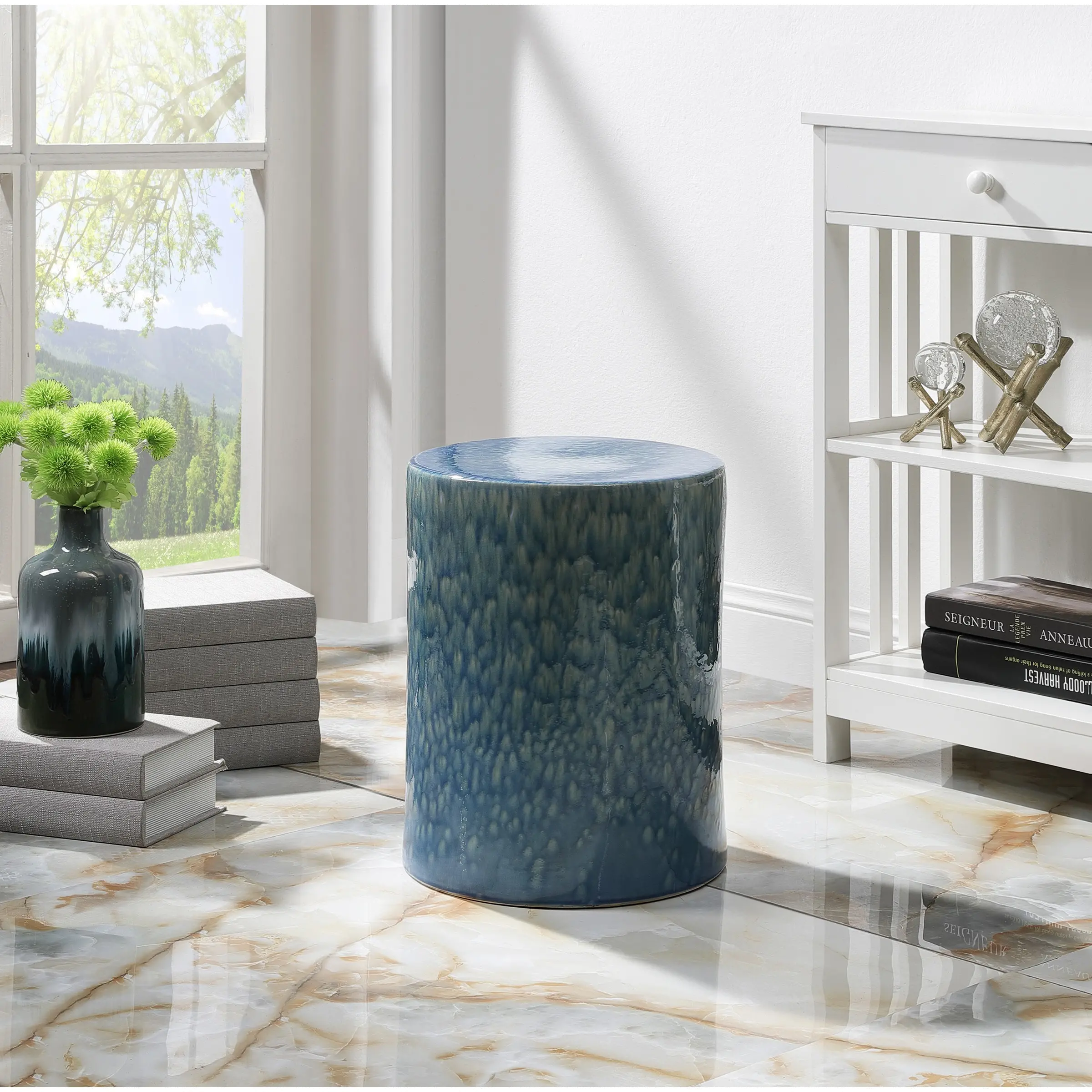 16 Inch Reactive Glaze Blue Ceramic Stool-2