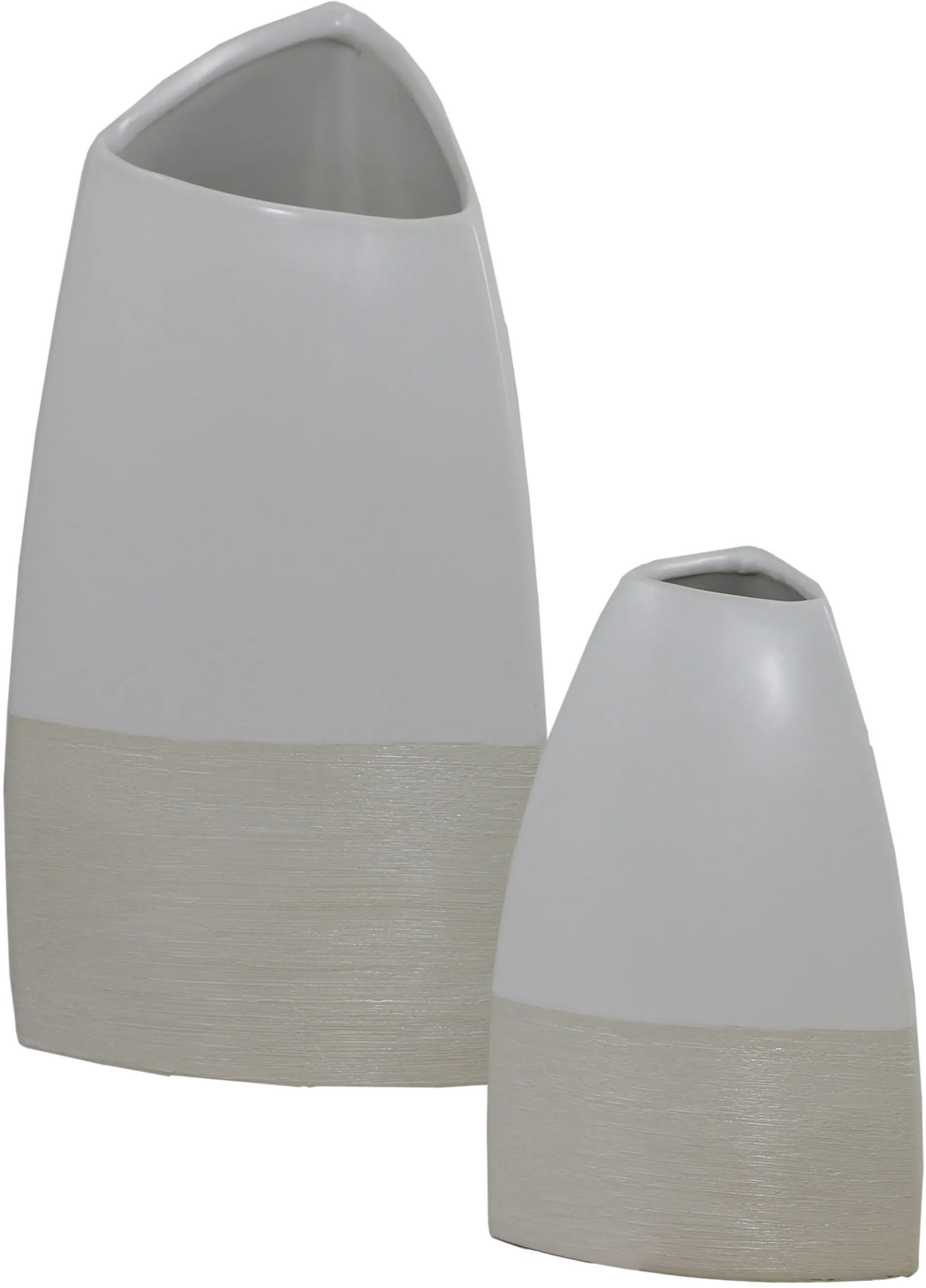 9 Inch Two Tone Tan and White Triangle Shaped Vase-1