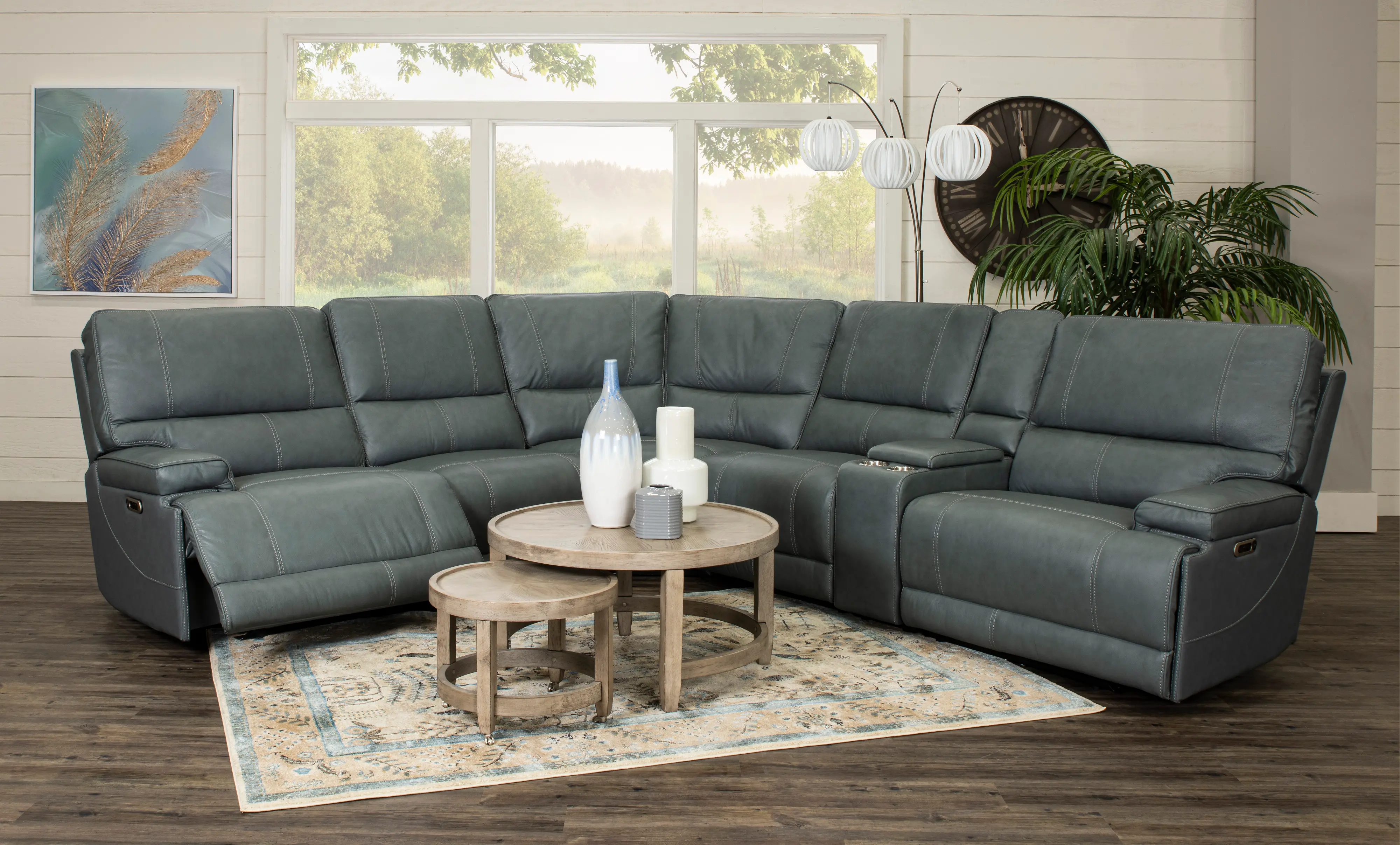 Washington Azure Blue 6 Piece Leather Power Reclining Sectional-2