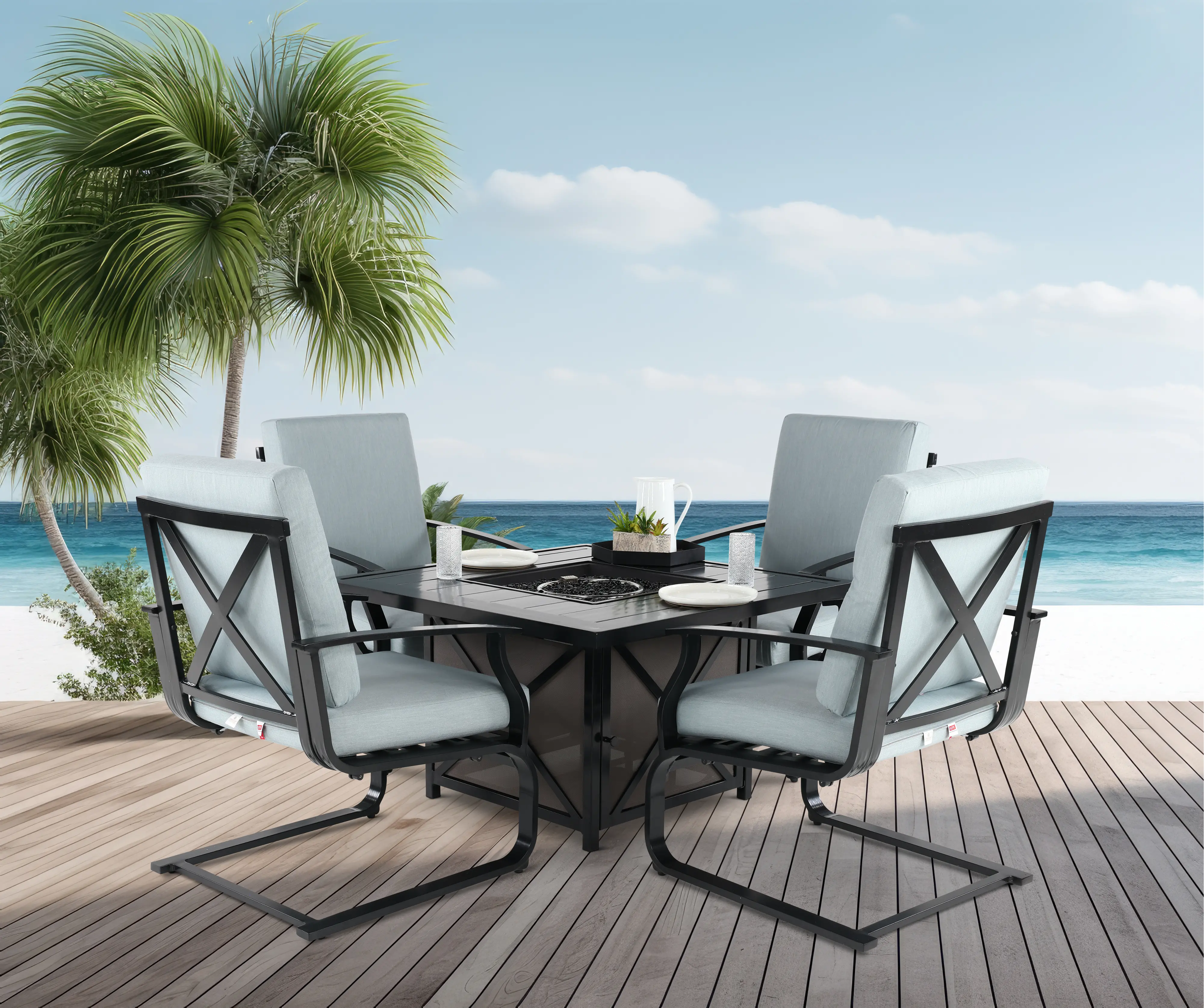 Sea Breeze 5 Piece Blue and Black Patio Fire Pit Set-2